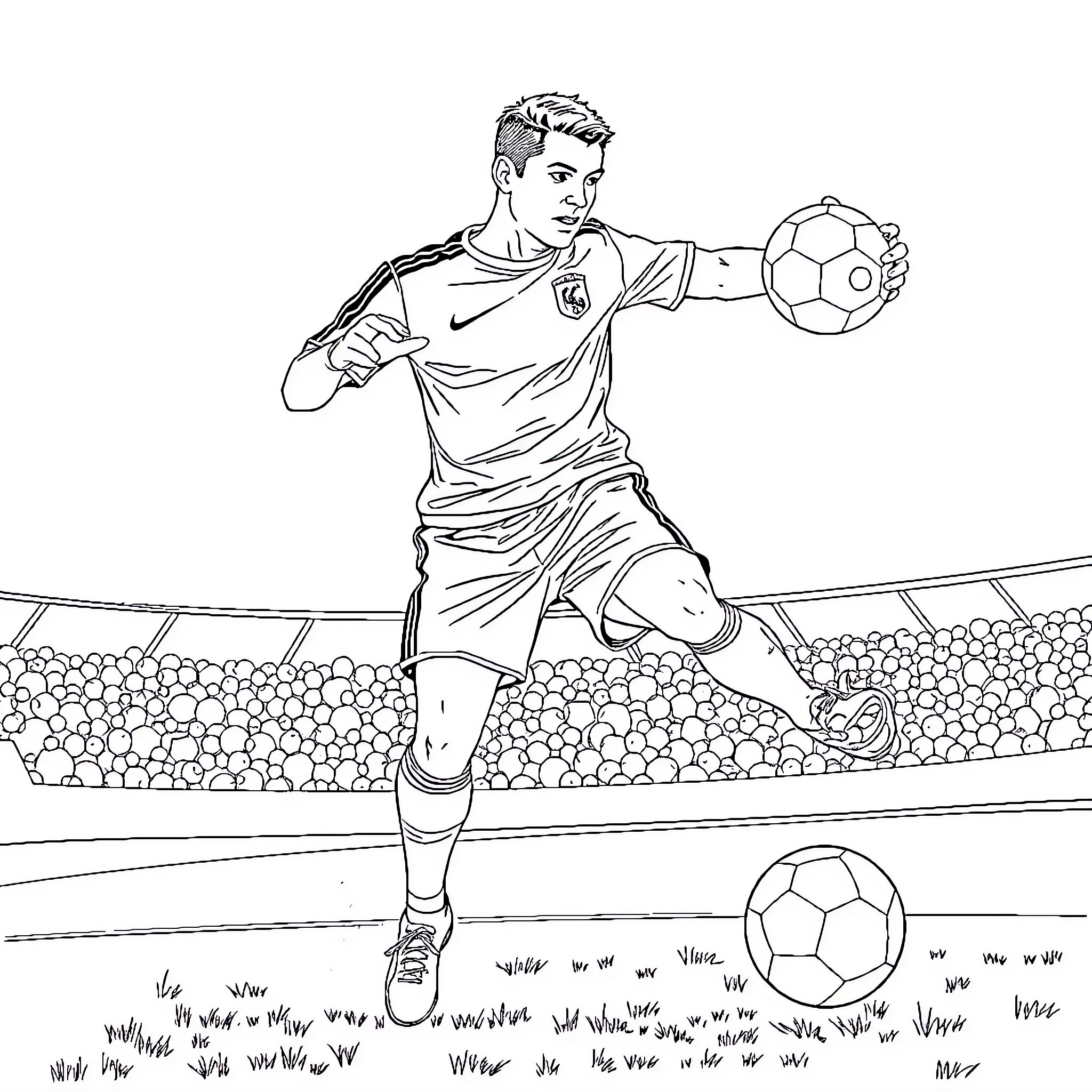 Ronaldo Performing Soccer Skills on the Field Coloring Page (free black-and-white line drawing printable PDF for all, from beginners to advanced learners, including children, teens, adults, and seniors)