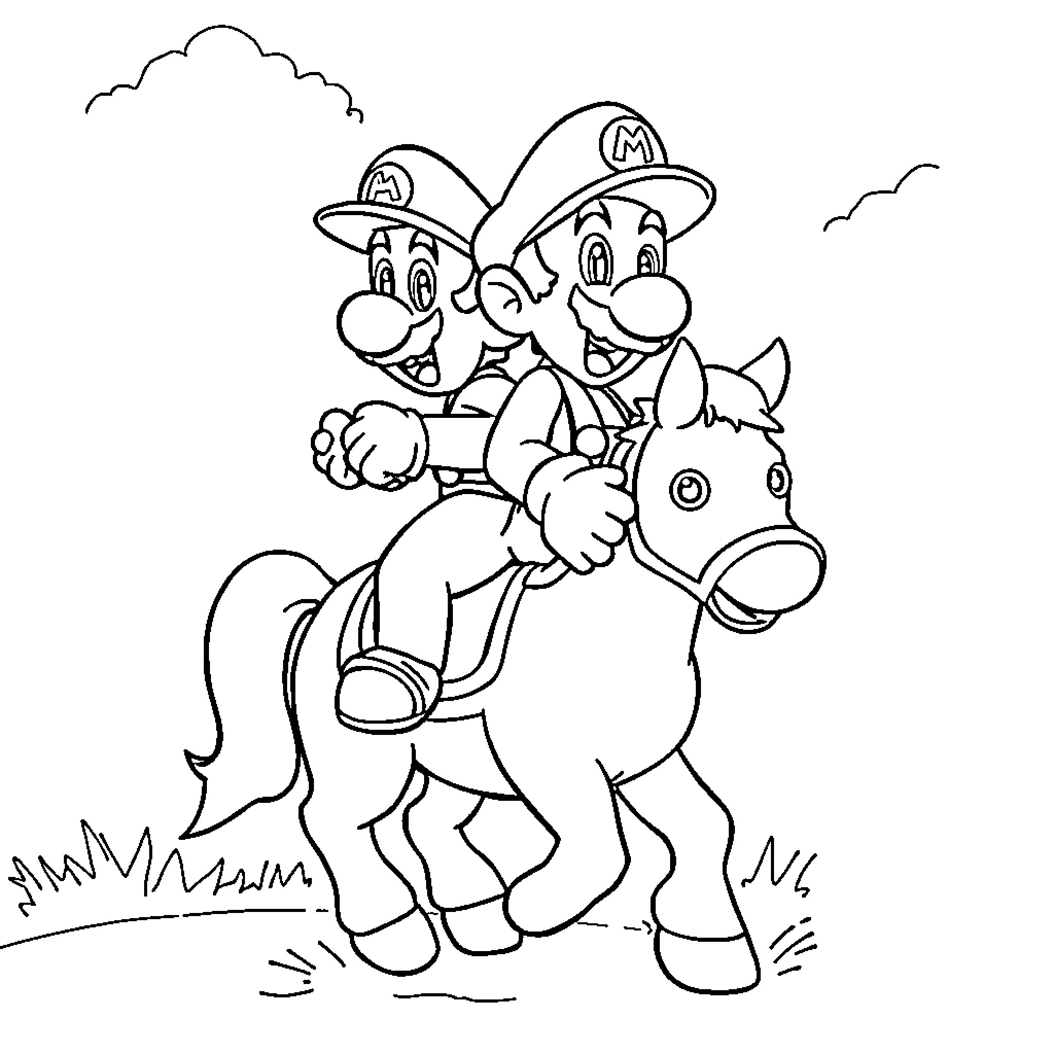 Mario and Luigi riding on horseback in the countryside Coloring Page (free black-and-white line drawing printable PDF for all, from beginners to advanced learners, including children, teens, adults, and seniors)