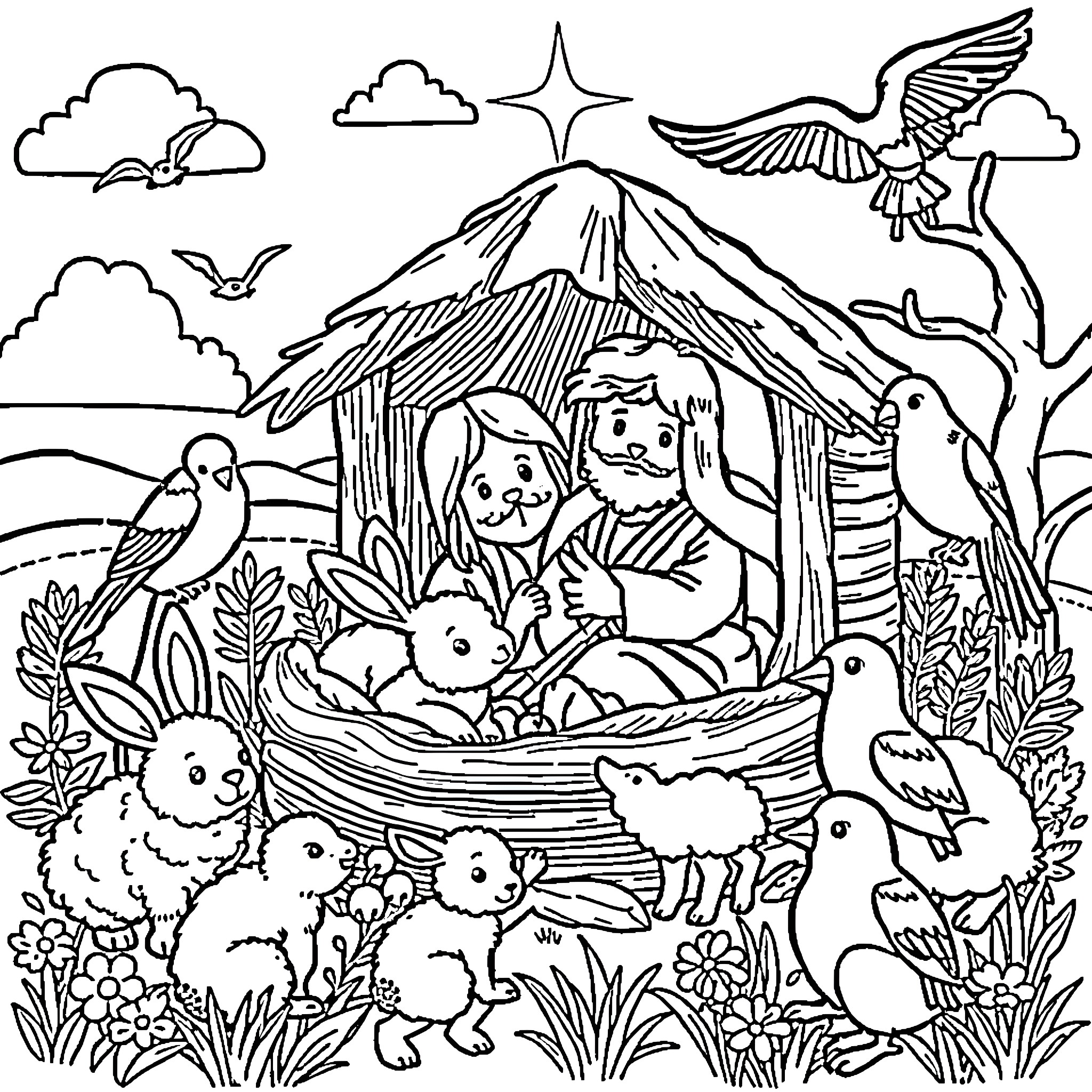 Noah's family surrounded by wildlife in nature Coloring Page (free black-and-white line drawing printable PDF for all, from beginners to advanced learners, including children, teens, adults, and seniors)
