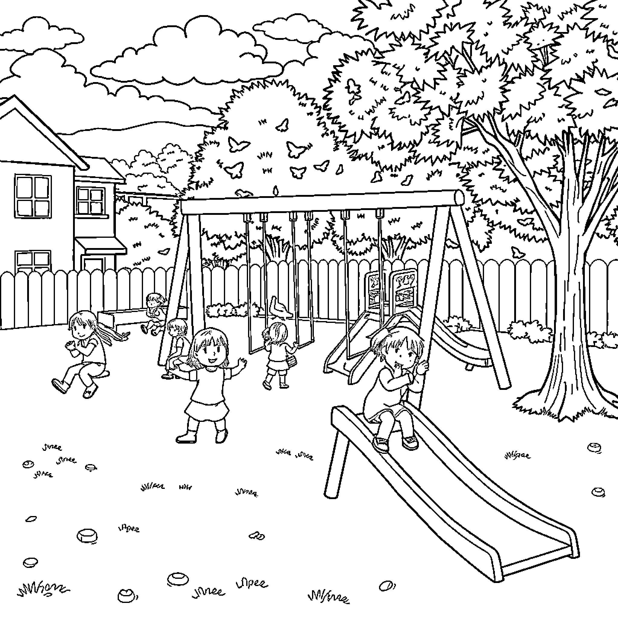 Playground with children playing on slides and swings Coloring Page (free black-and-white line drawing printable PDF for all, from beginners to advanced learners, including children, teens, adults, and seniors)