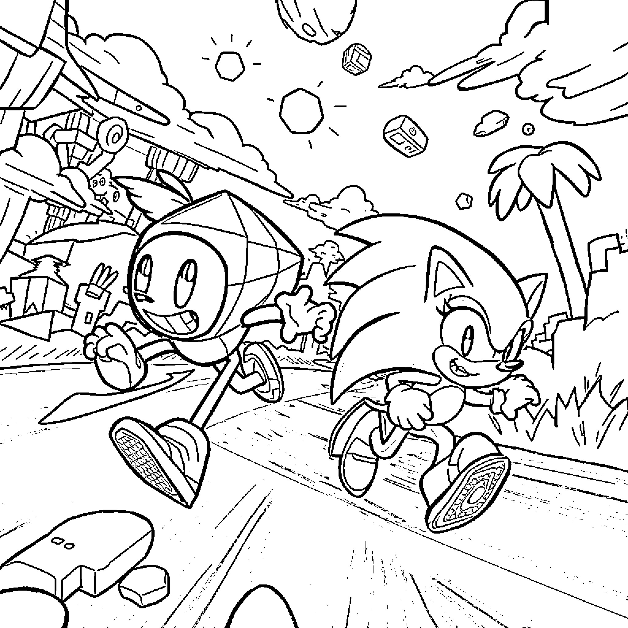 Rattle Dash through Vibrant Sci-Fi Landscape Coloring Page (free black-and-white line drawing printable PDF for all, from beginners to advanced learners, including children, teens, adults, and seniors)