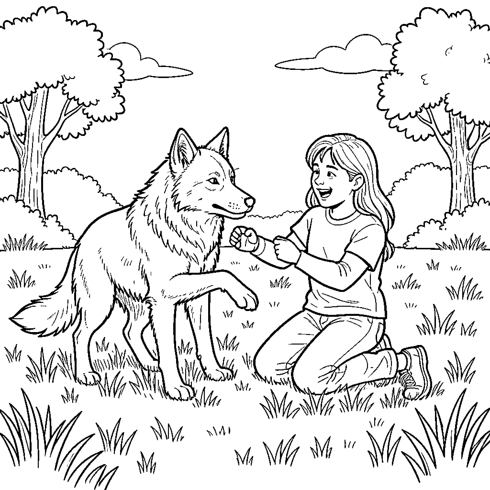 Wolf interacting playfully with a happy young girl Coloring Page (free black-and-white line drawing printable PDF for all, from beginners to advanced learners, including children, teens, adults, and seniors)