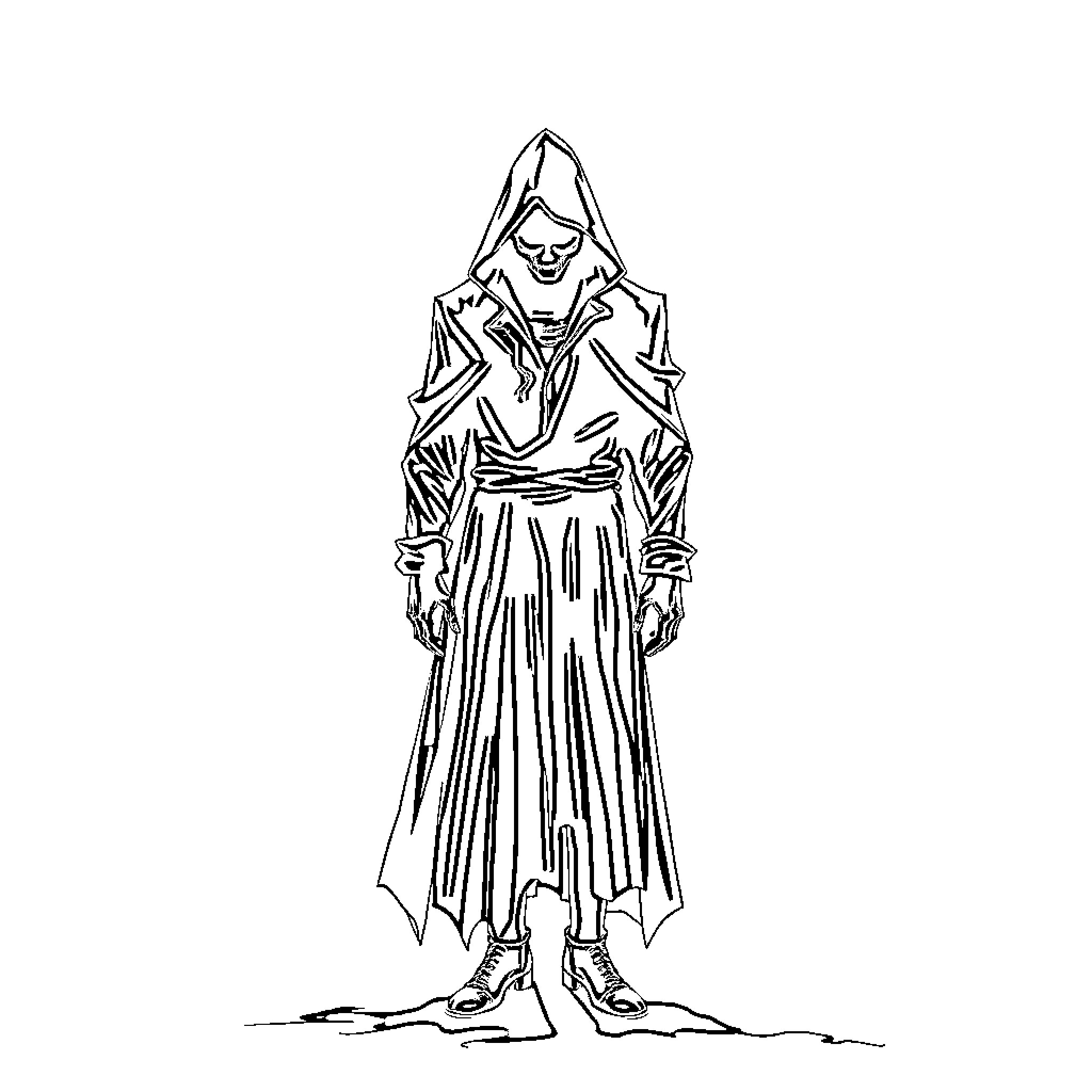 Karome Hooded Figure in Flowing Robes Coloring Page (free black-and-white line drawing printable PDF for all, from beginners to advanced learners, including children, teens, adults, and seniors)