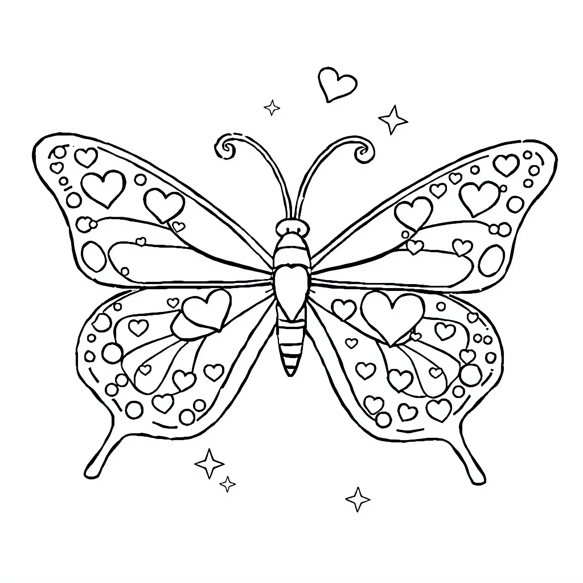 Butterfly surrounded by hearts and stars Coloring Page (free black-and-white line drawing printable PDF for all, from beginners to advanced learners, including children, teens, adults, and seniors)