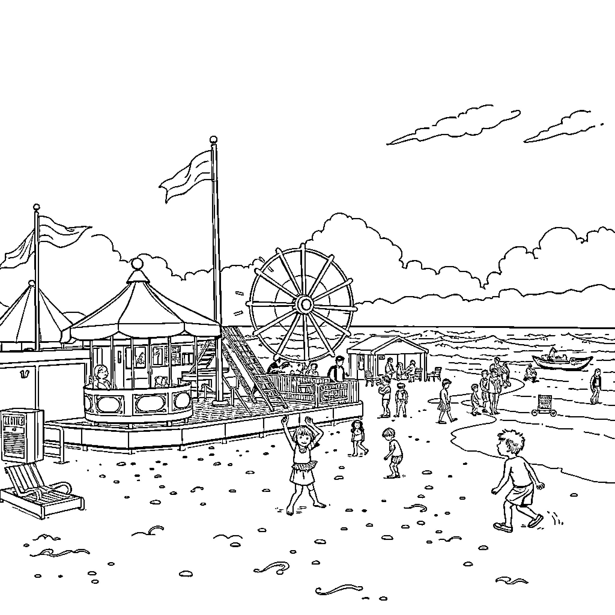Playland by the Sea with Ferris Wheel and Carnival Attractions Coloring Page (free black-and-white line drawing printable PDF for all, from beginners to advanced learners, including children, teens, adults, and seniors)