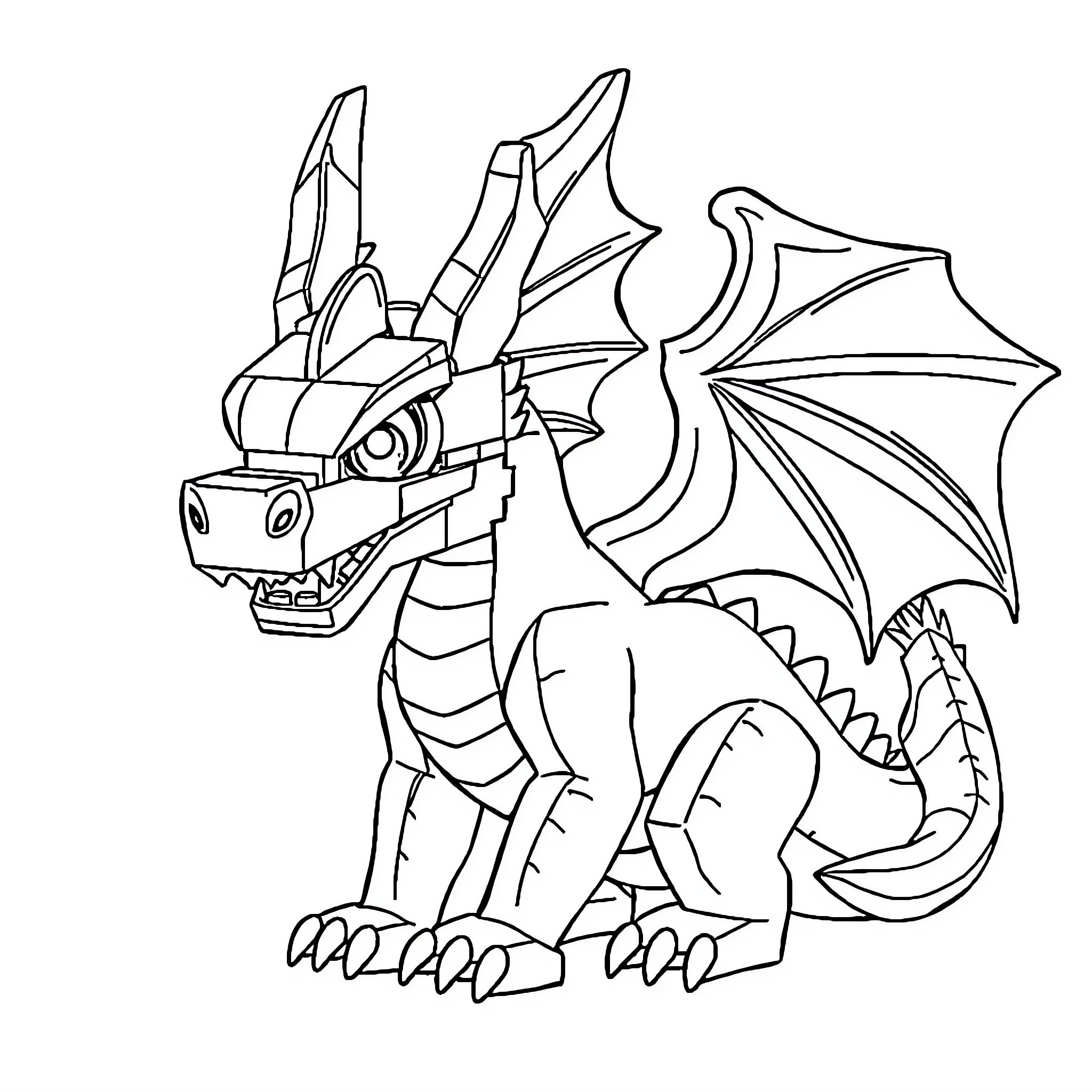 Dragon with fierce expression and mechanical wings Coloring Page (free black-and-white line drawing printable PDF for all, from beginners to advanced learners, including children, teens, adults, and seniors)