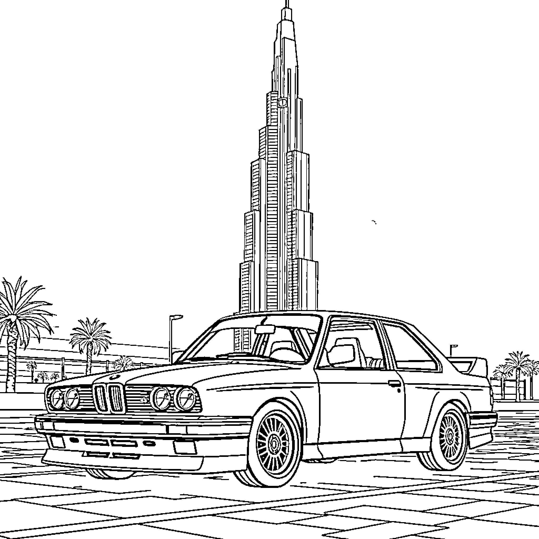 E30 M3 Luxury Sports Car in Dubai Cityscape Coloring Page (free black-and-white line drawing printable PDF for all, from beginners to advanced learners, including children, teens, adults, and seniors)