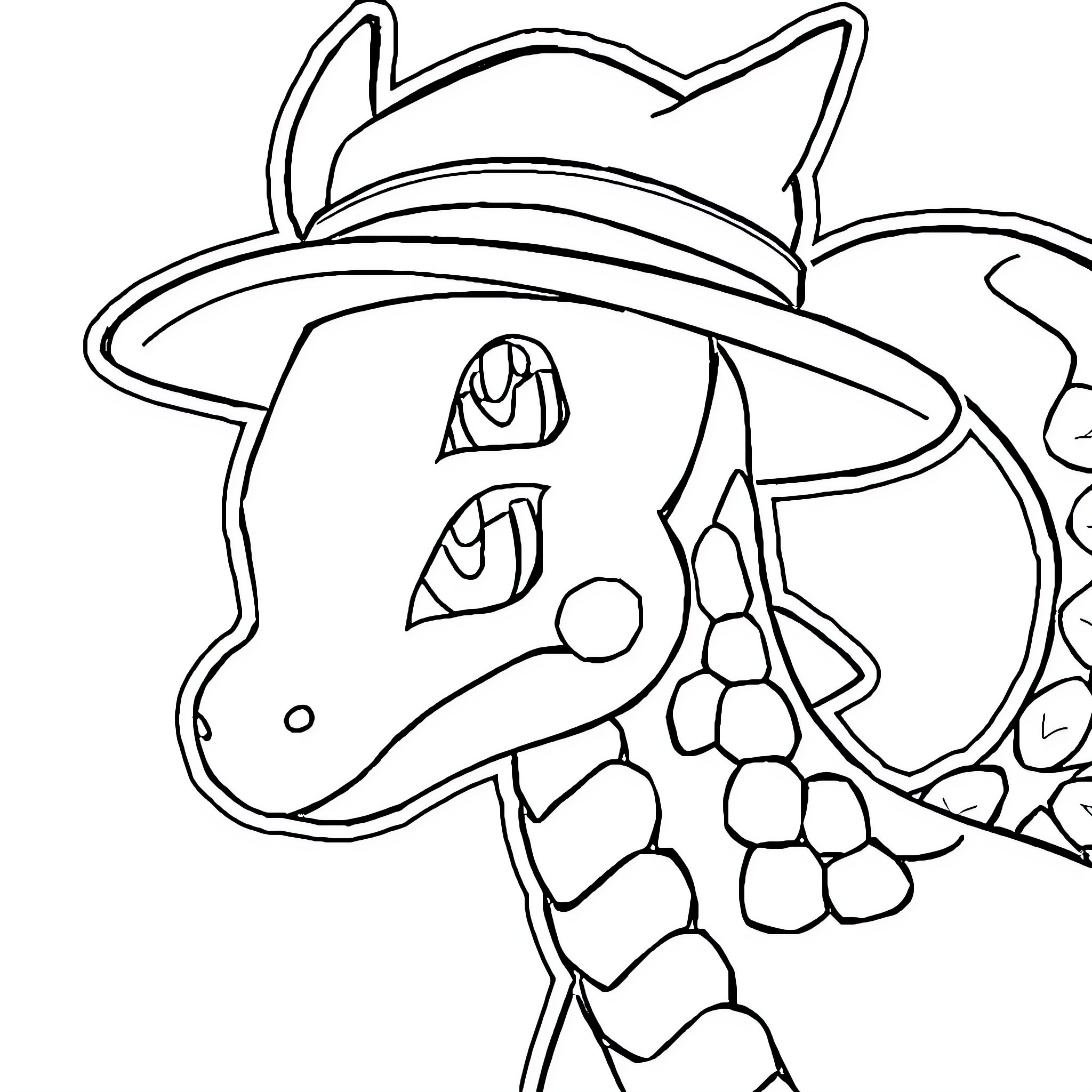 Mewtwo in a cowboy hat Coloring Page (free black-and-white line drawing printable PDF for all, from beginners to advanced learners, including children, teens, adults, and seniors)