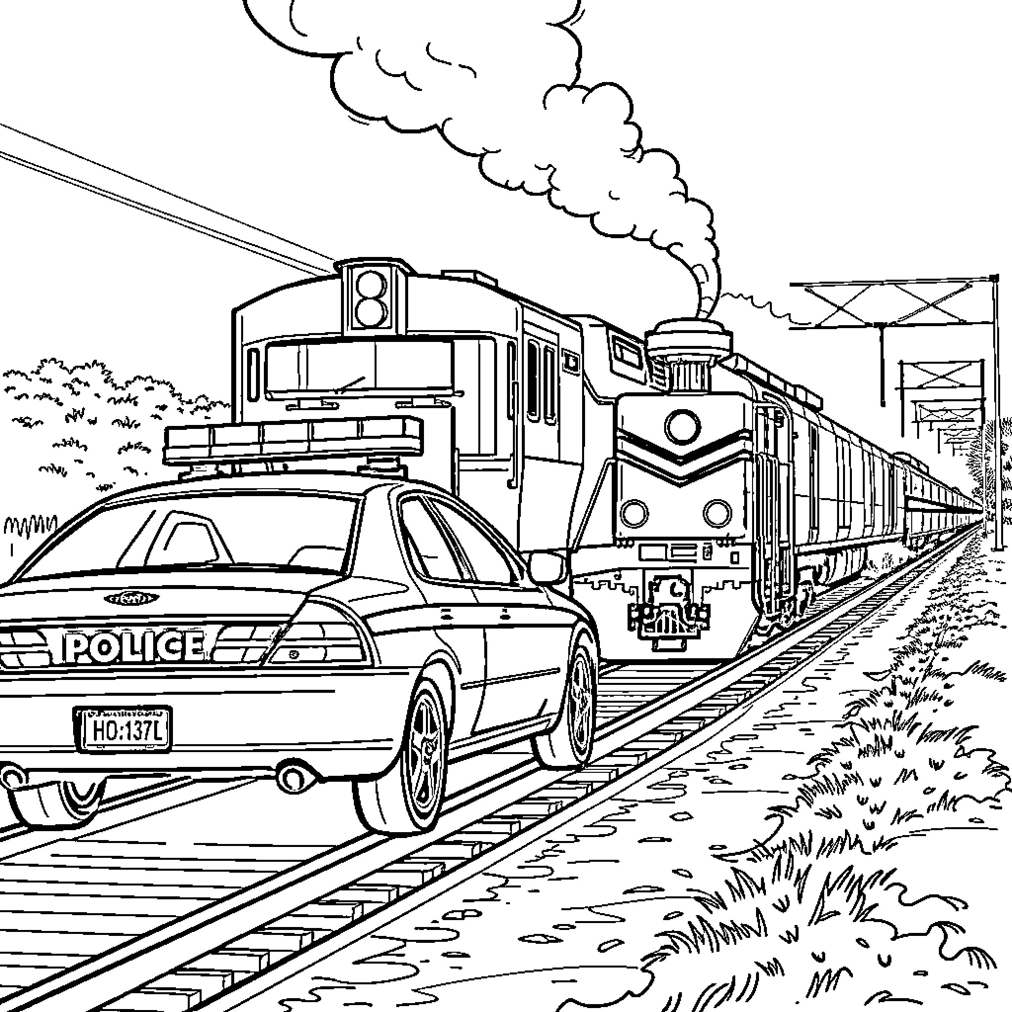 Police Car Pursuing Train on Tracks Coloring Page (free black-and-white line drawing printable PDF for all, from beginners to advanced learners, including children, teens, adults, and seniors)