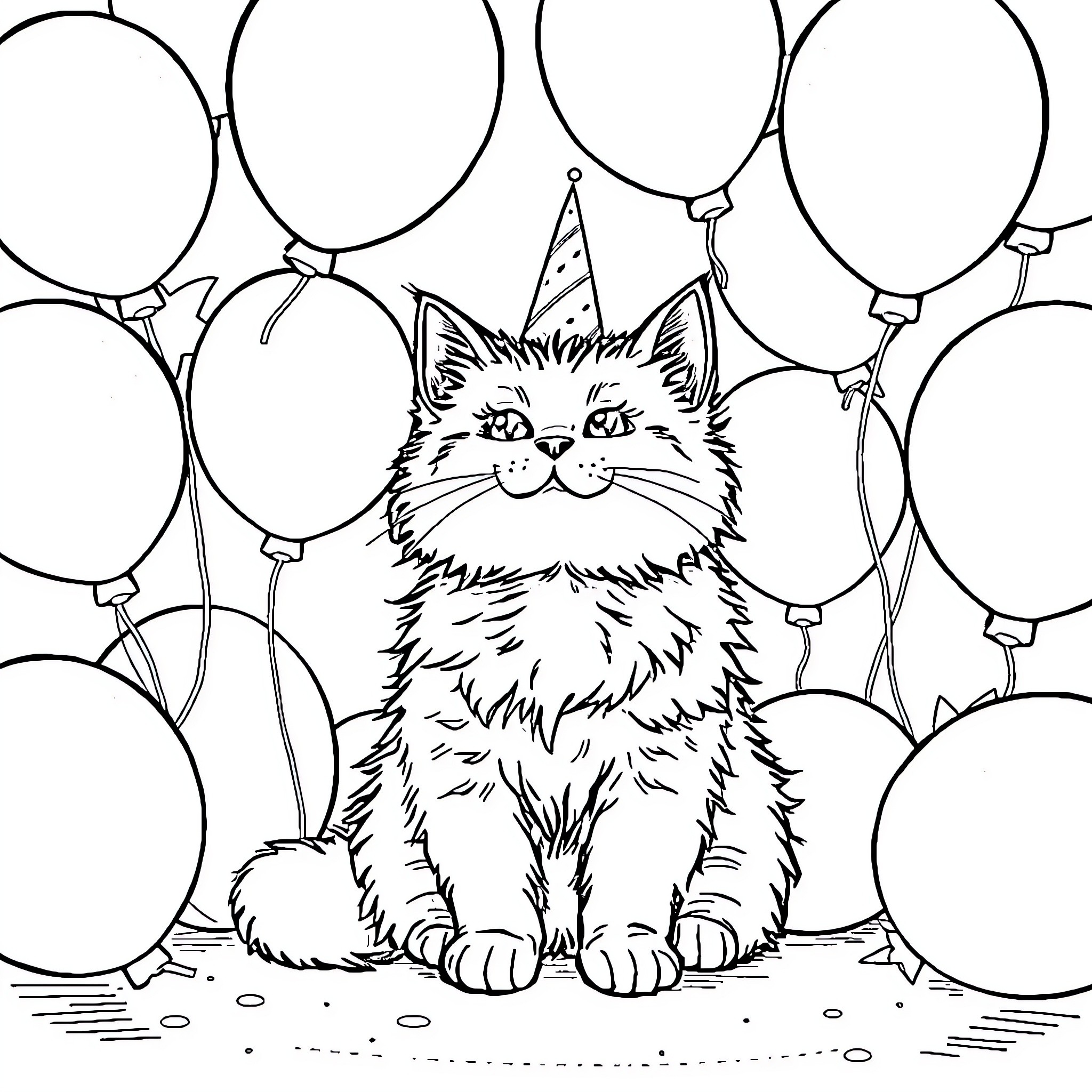 Cat with party hat among balloons Coloring Page (free black-and-white line drawing printable PDF for all, from beginners to advanced learners, including children, teens, adults, and seniors)