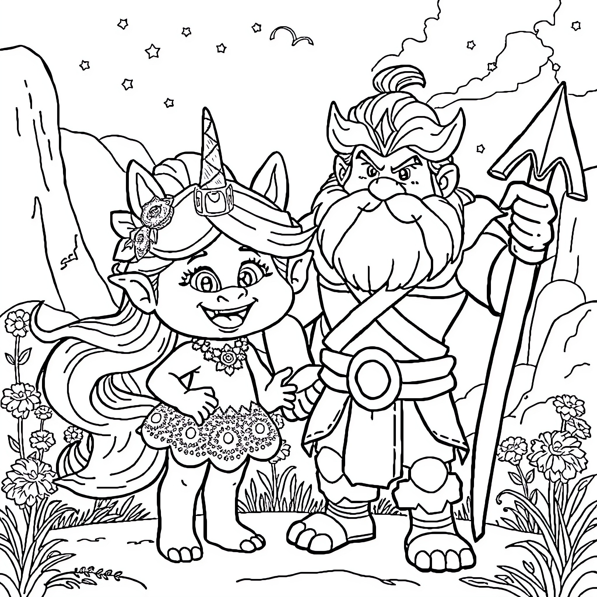Poppy and the Troll Warrior in the Enchanted Forest Coloring Page (free black-and-white line drawing printable PDF for all, from beginners to advanced learners, including children, teens, adults, and seniors)