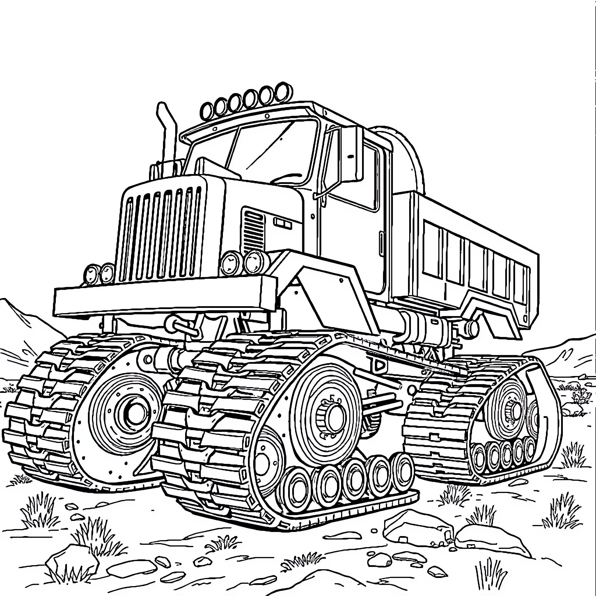 Truck transporting construction equipment on rugged terrain Coloring Page (free black-and-white line drawing printable PDF for all, from beginners to advanced learners, including children, teens, adults, and seniors)