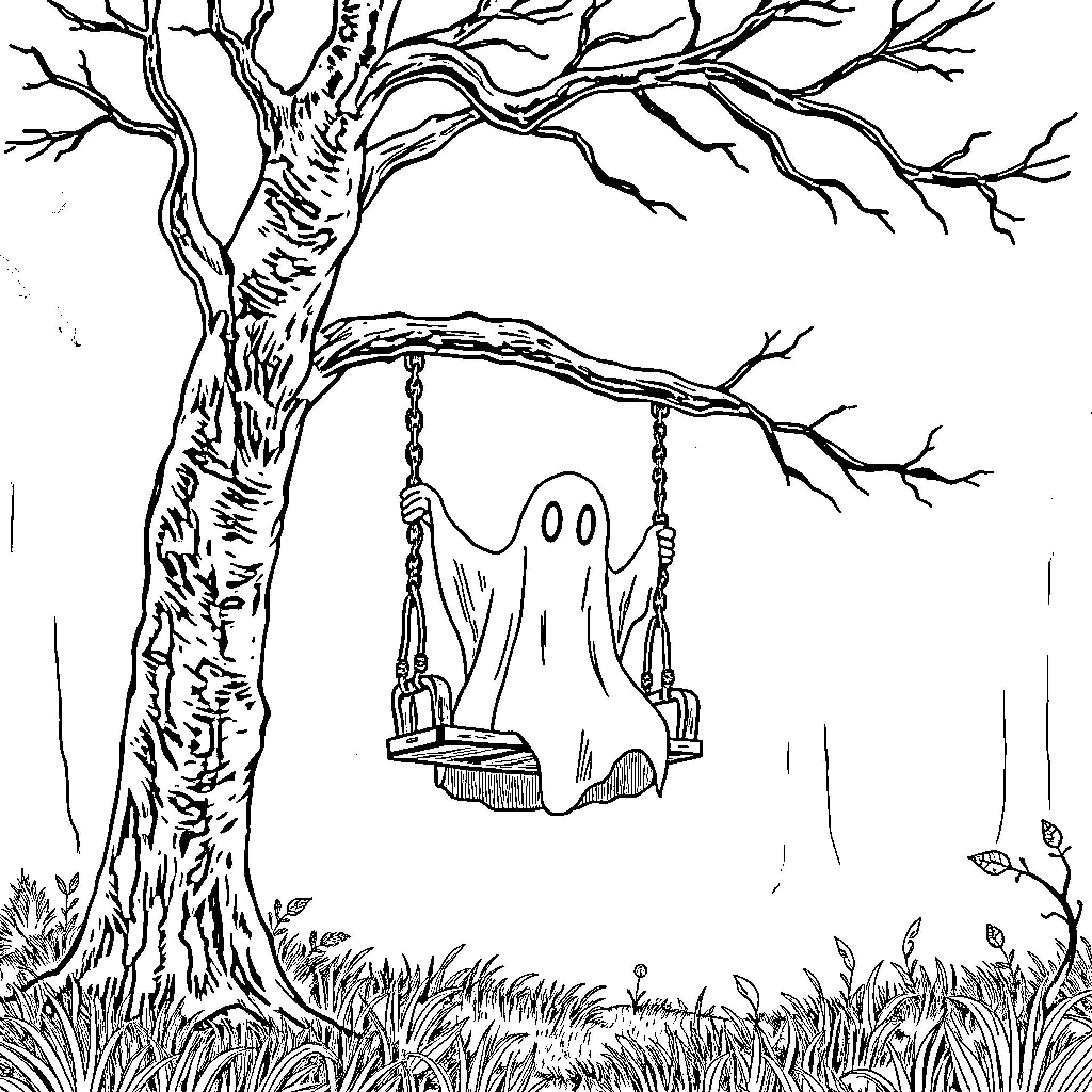 Ghost swinging on a tree branch Coloring Page (free black-and-white line drawing printable PDF for all, from beginners to advanced learners, including children, teens, adults, and seniors)