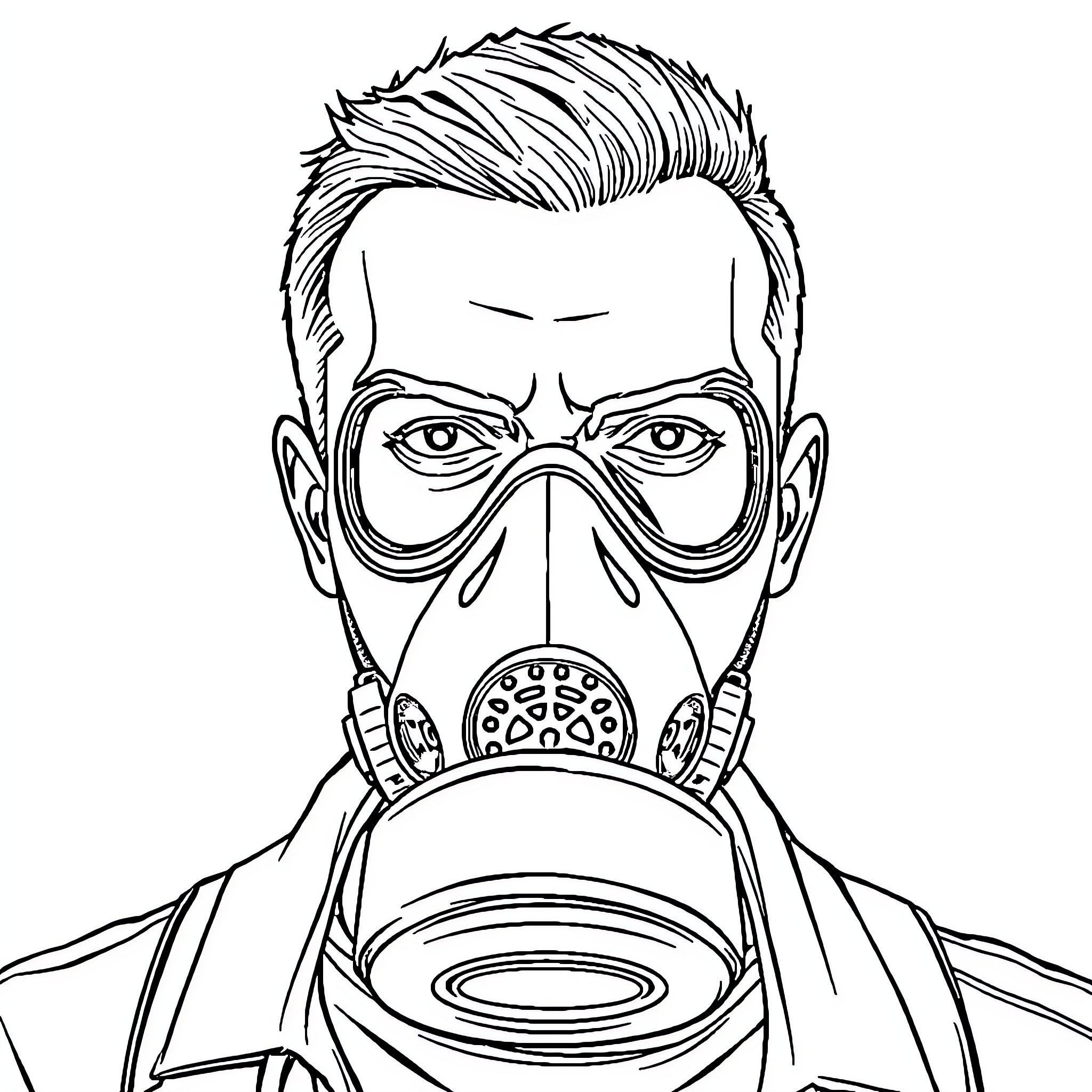 Gas Mask Man Wearing Protective Gear Coloring Page (free black-and-white line drawing printable PDF for all, from beginners to advanced learners, including children, teens, adults, and seniors)