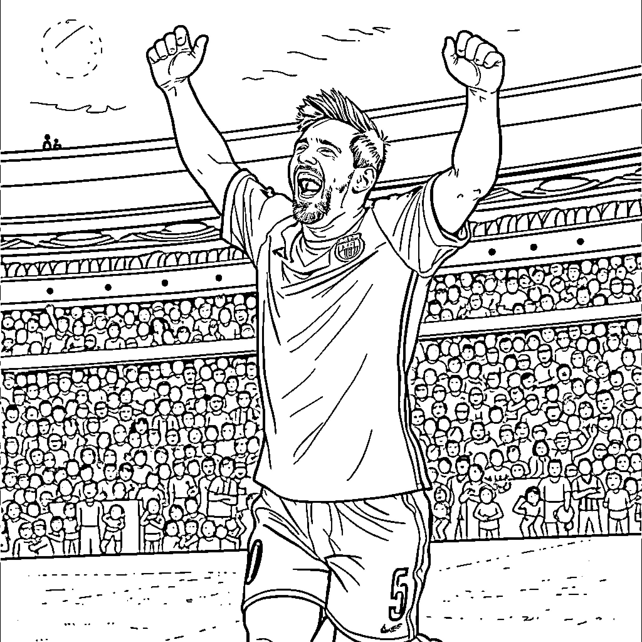 Lionel Messi celebrating victory on the field Coloring Page (free black-and-white line drawing printable PDF for all, from beginners to advanced learners, including children, teens, adults, and seniors)