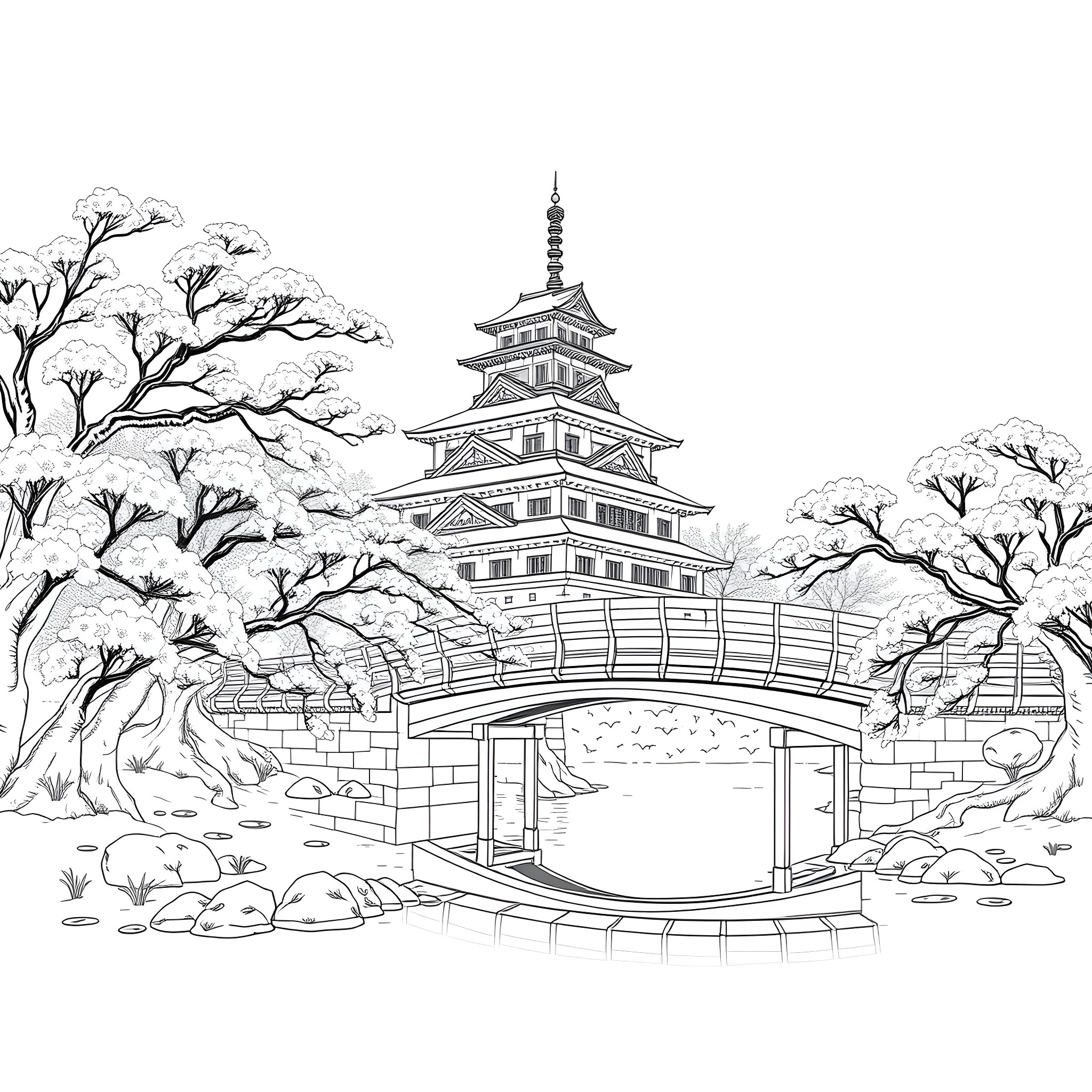 Hansanamikyu Japanese Pagoda Landscape Coloring Page (free black-and-white line drawing printable PDF for all, from beginners to advanced learners, including children, teens, adults, and seniors)