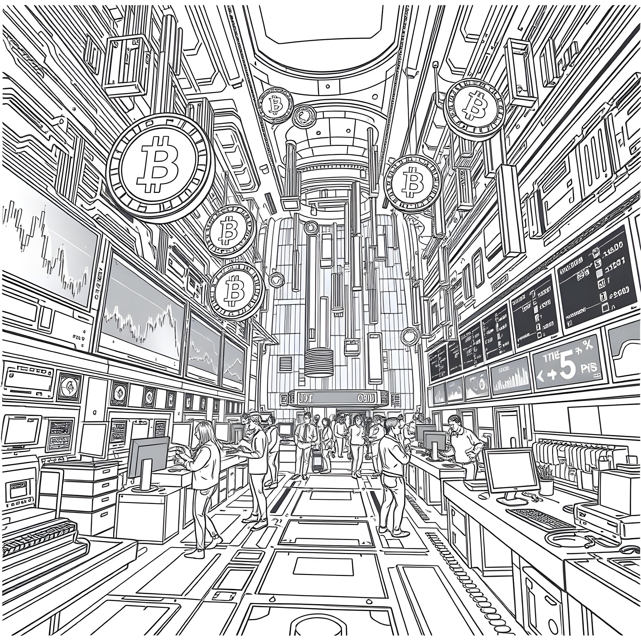 Cryptocurrency Trading Chaos in the Financial District Coloring Page (free black-and-white line drawing printable PDF for all, from beginners to advanced learners, including children, teens, adults, and seniors)