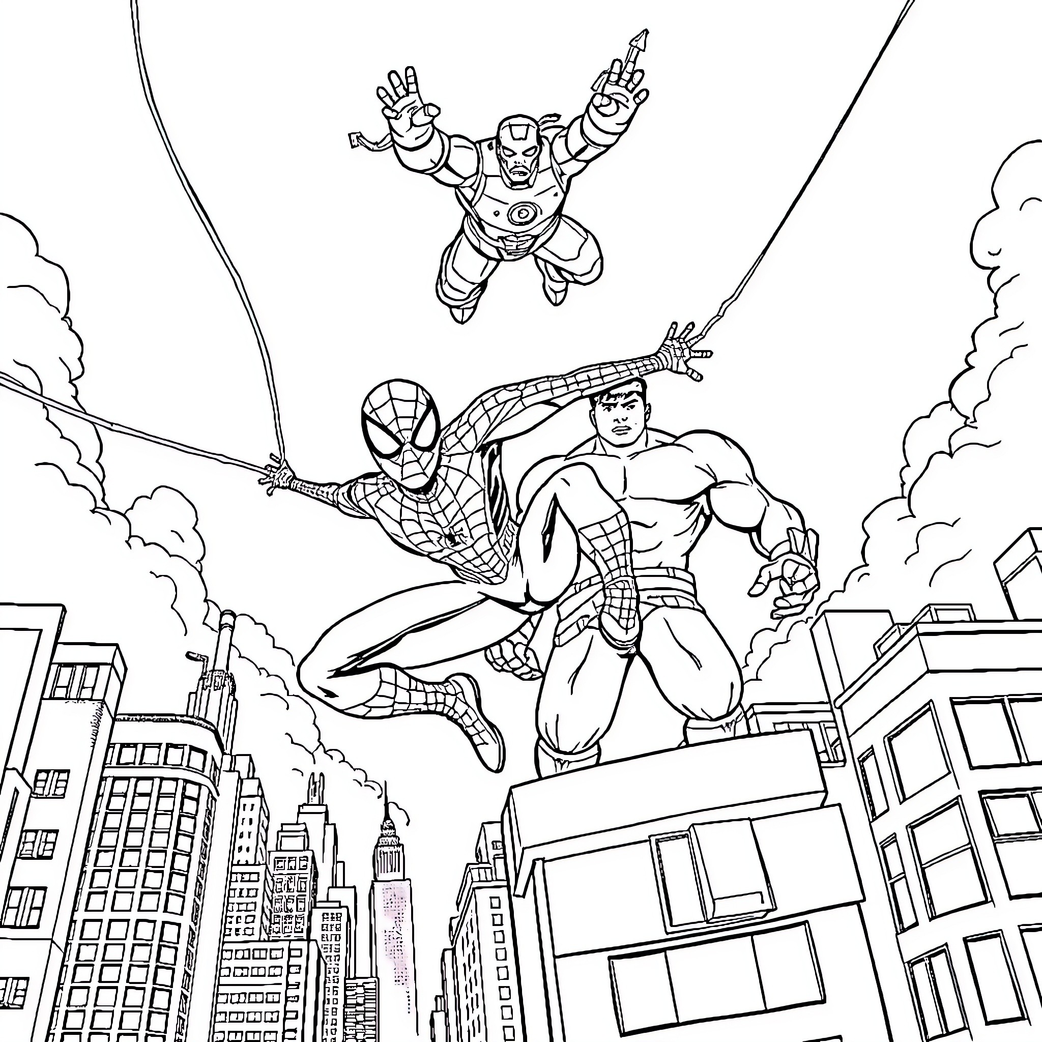 Spiderman and Ironman heroically battling in the city Coloring Page (free black-and-white line drawing printable PDF for all, from beginners to advanced learners, including children, teens, adults, and seniors)