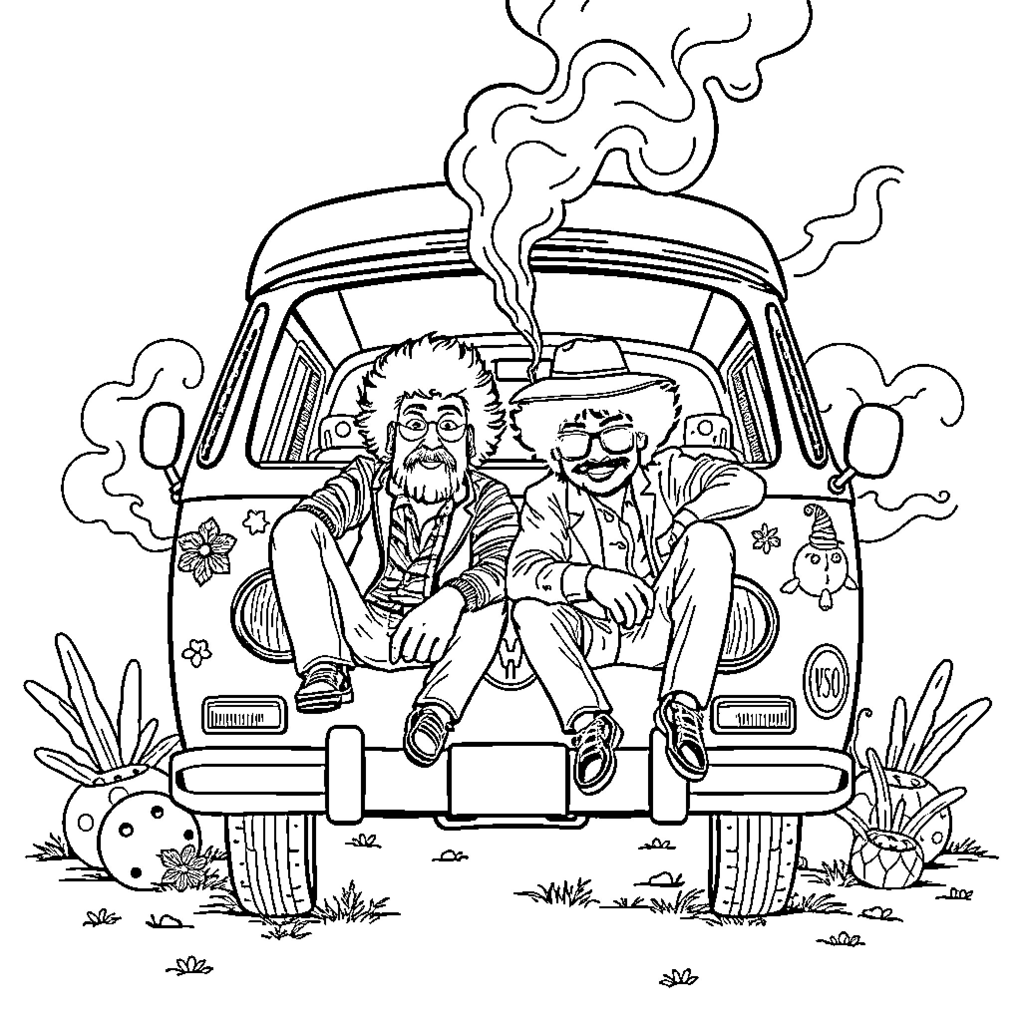 Cheech and Chong's Groovy Road Trip Adventure Coloring Page (free black-and-white line drawing printable PDF for all, from beginners to advanced learners, including children, teens, adults, and seniors)