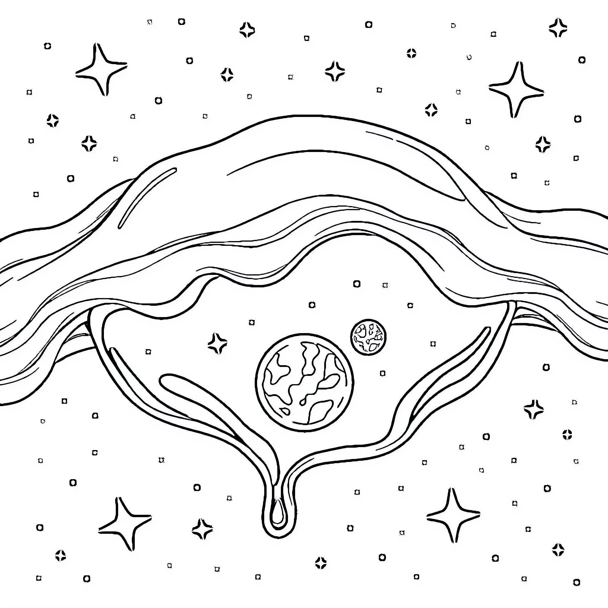 Slime dancing in a cosmic landscape Coloring Page (free black-and-white line drawing printable PDF for all, from beginners to advanced learners, including children, teens, adults, and seniors)
