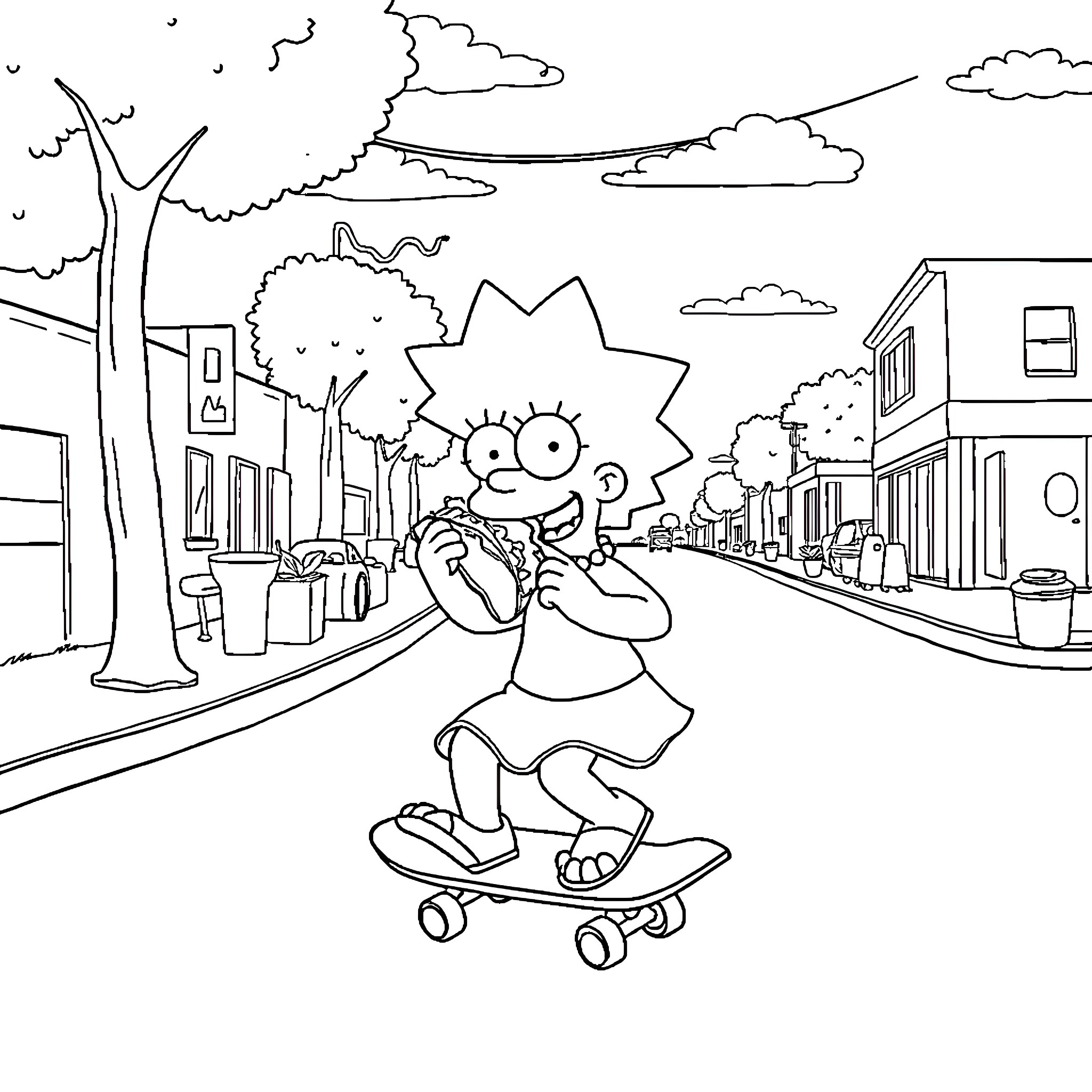 Lisa Simpson skateboarding through a lively town Coloring Page (free black-and-white line drawing printable PDF for all, from beginners to advanced learners, including children, teens, adults, and seniors)