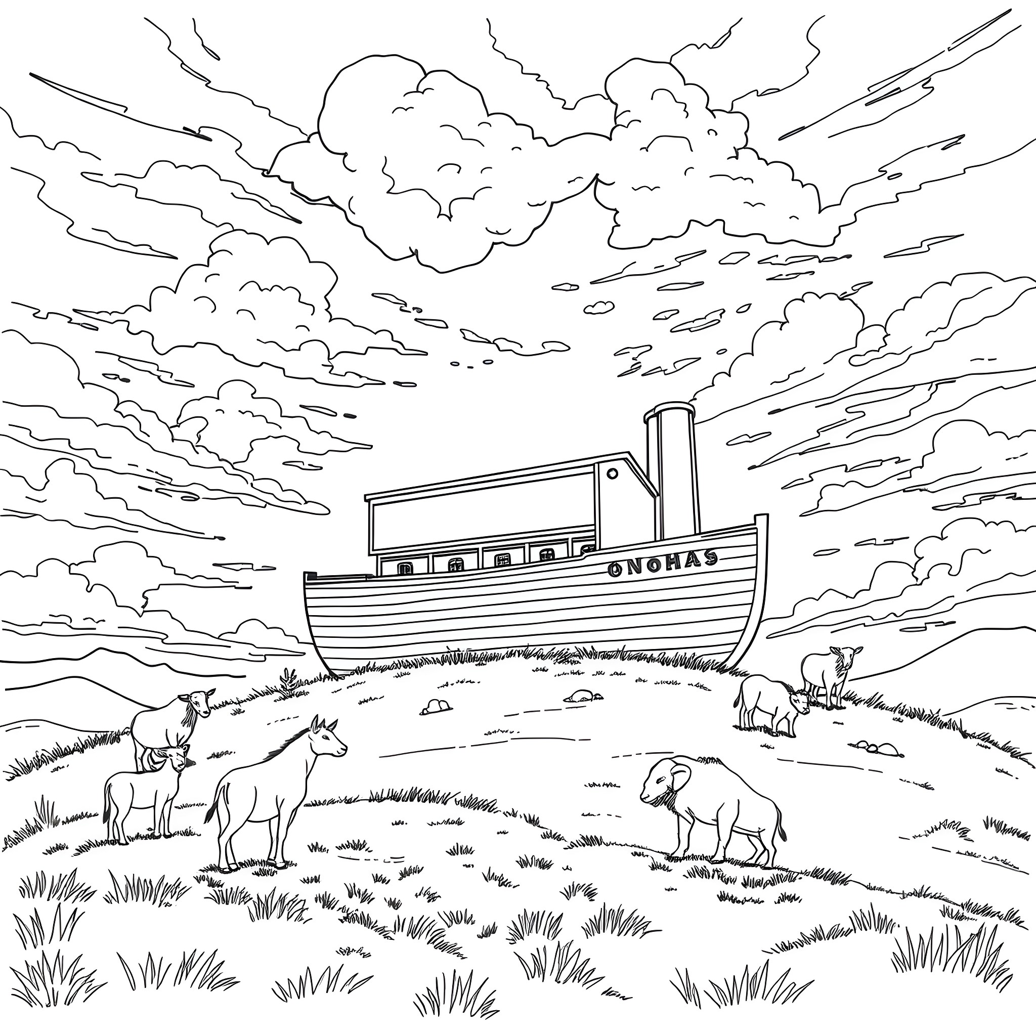 Noah's Ark and the Animals on a Stormy Landscape Coloring Page (free black-and-white line drawing printable PDF for all, from beginners to advanced learners, including children, teens, adults, and seniors)