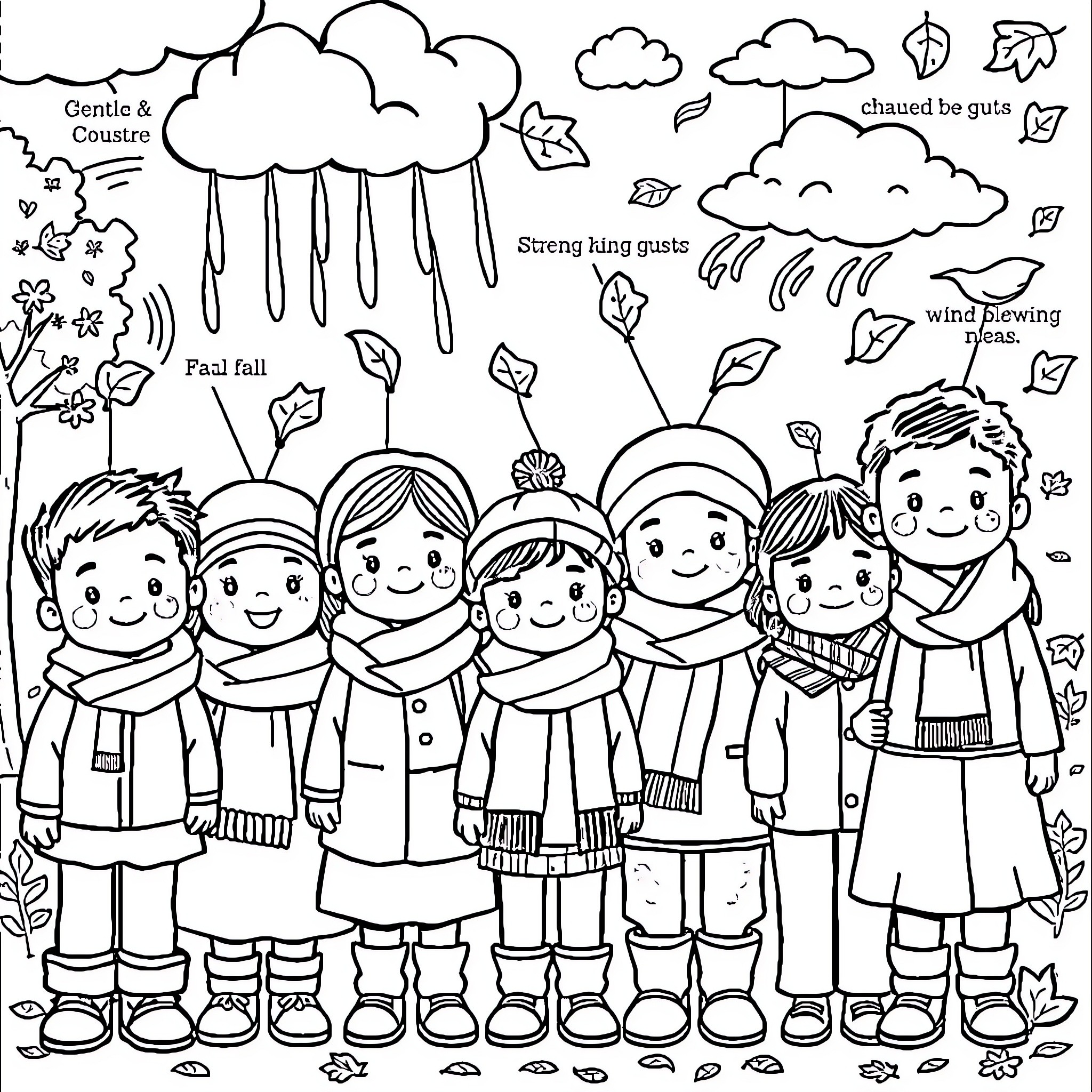 Child friends enjoying the changing weather together Coloring Page (free black-and-white line drawing printable PDF for all, from beginners to advanced learners, including children, teens, adults, and seniors)