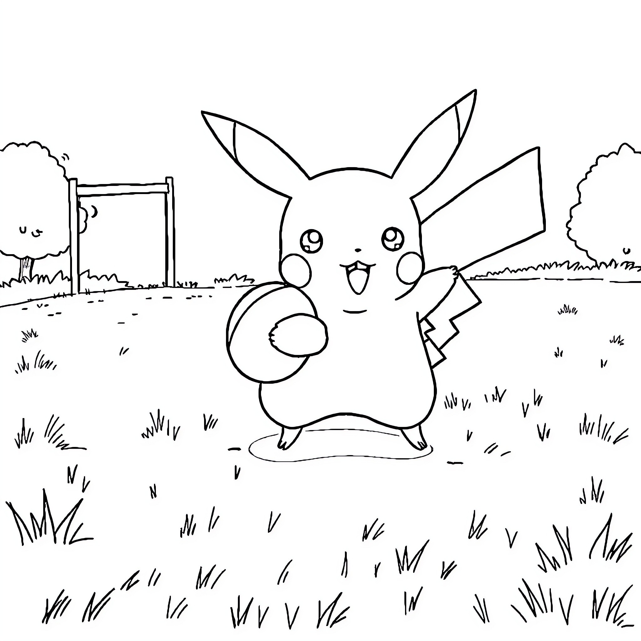 Pikachu playing happily in a grassy field Coloring Page (free black-and-white line drawing printable PDF for all, from beginners to advanced learners, including children, teens, adults, and seniors)