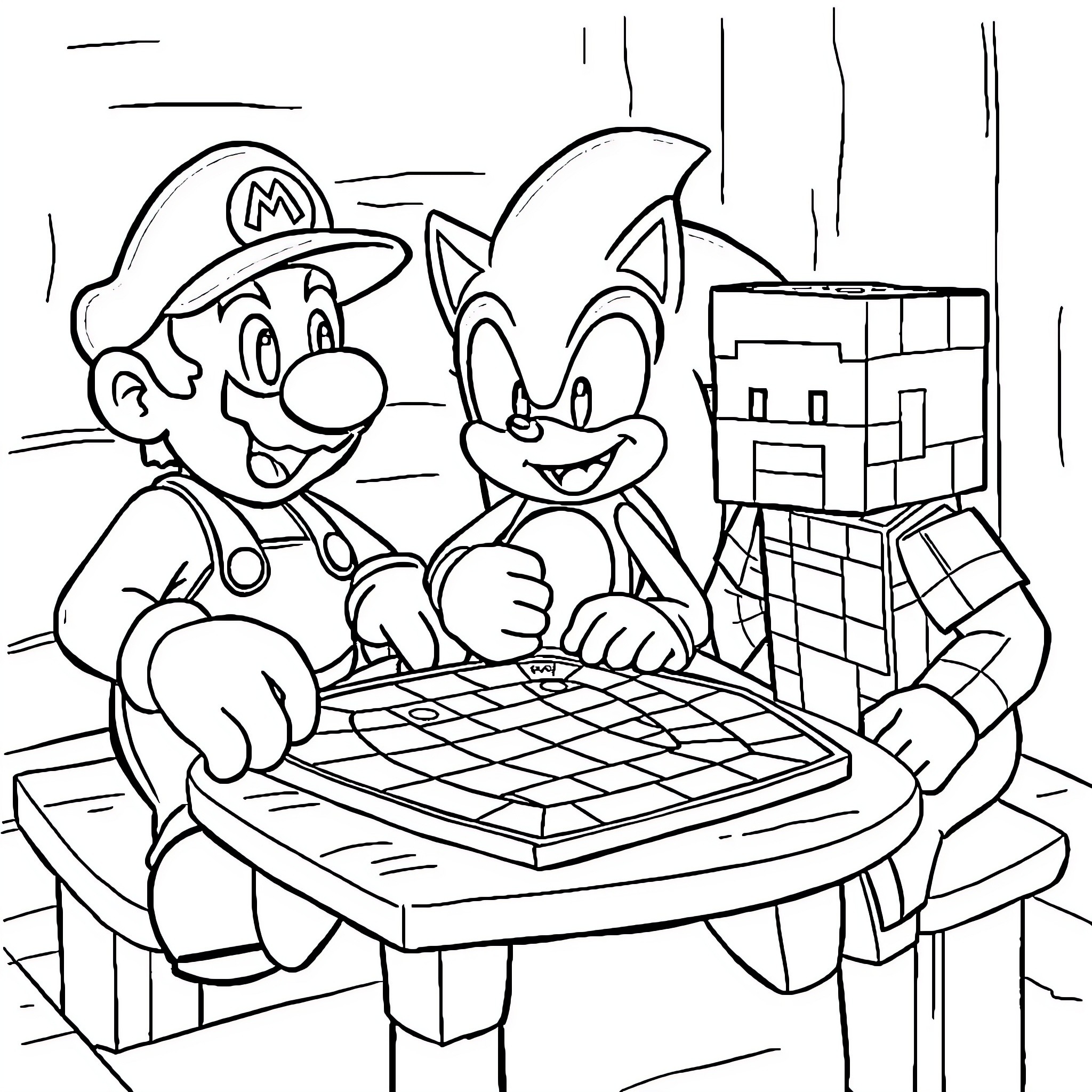 Mario and Sonic Playing Video Games Coloring Page (free black-and-white line drawing printable PDF for all, from beginners to advanced learners, including children, teens, adults, and seniors)