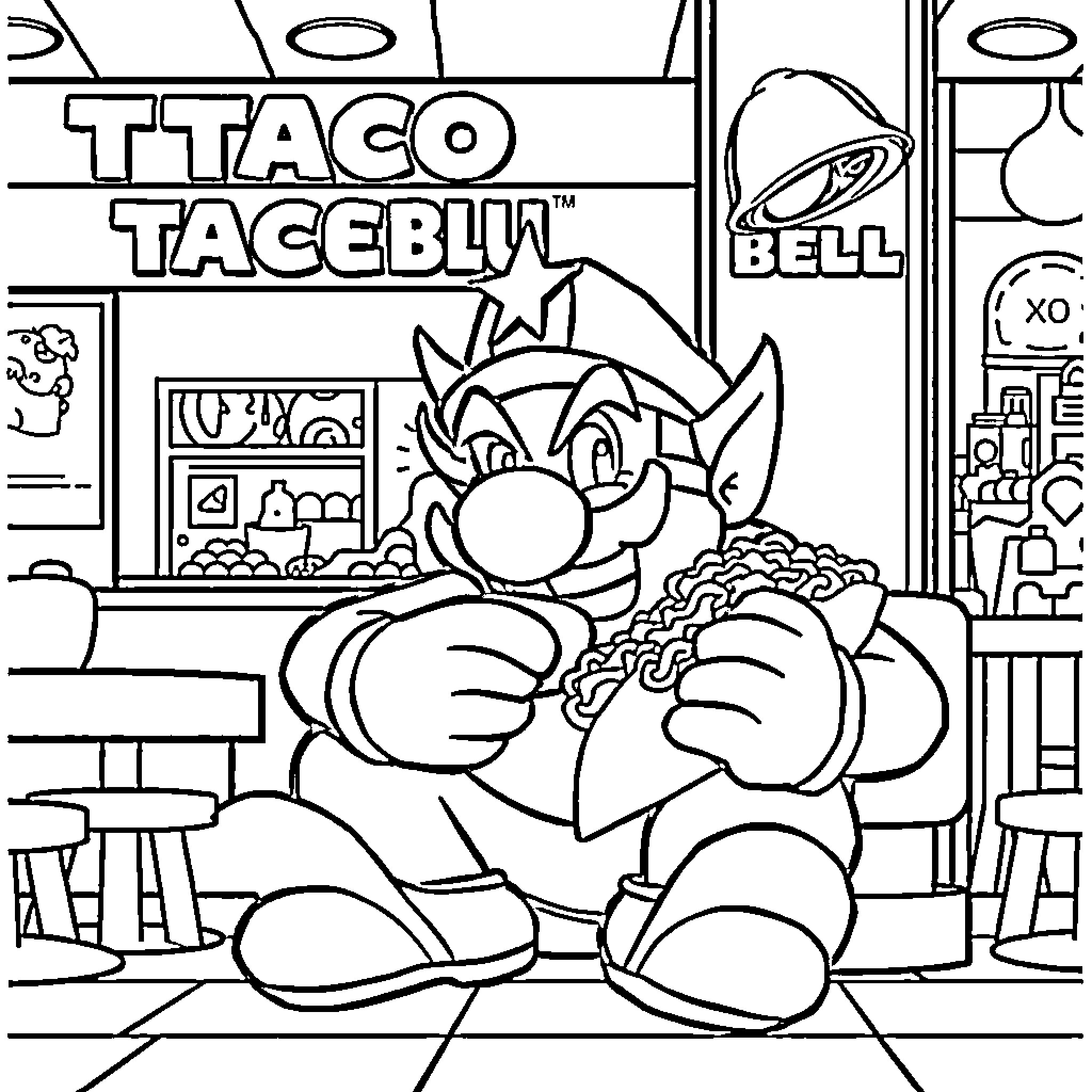 Wario's Taco Taceball Adventure Coloring Page (free black-and-white line drawing printable PDF for all, from beginners to advanced learners, including children, teens, adults, and seniors)