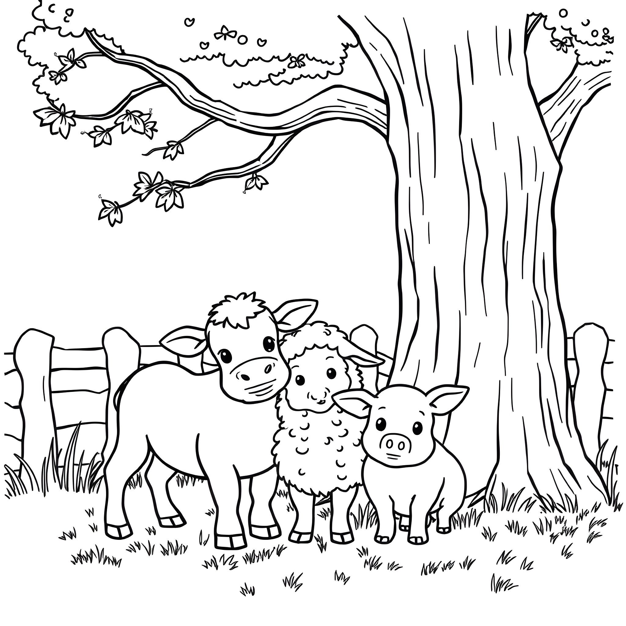 Farm Animals Playing in a Peaceful Countryside Scene Coloring Page (free black-and-white line drawing printable PDF for all, from beginners to advanced learners, including children, teens, adults, and seniors)