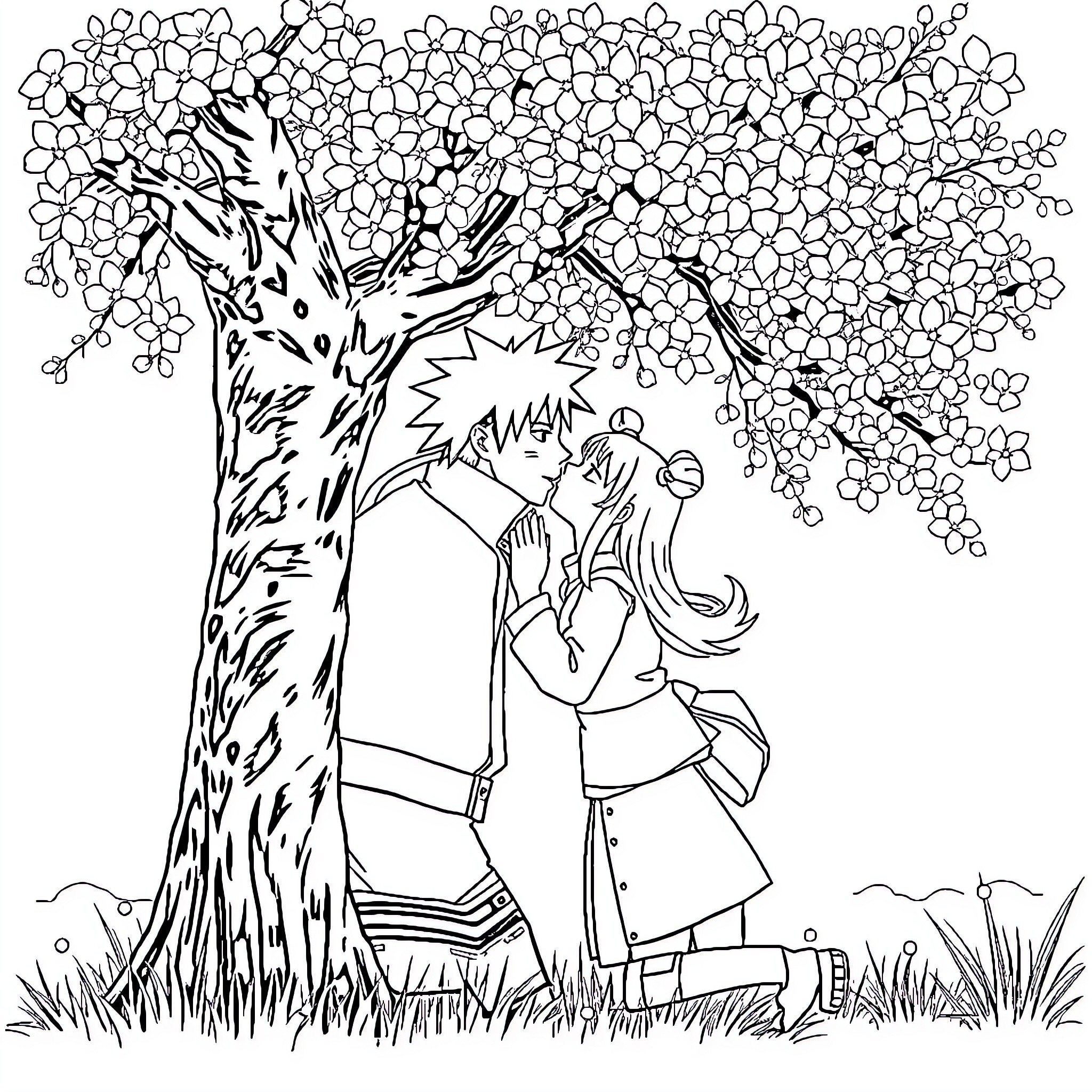 Naruto Characters Embracing Under Cherry Blossom Tree Coloring Page (free black-and-white line drawing printable PDF for all, from beginners to advanced learners, including children, teens, adults, and seniors)