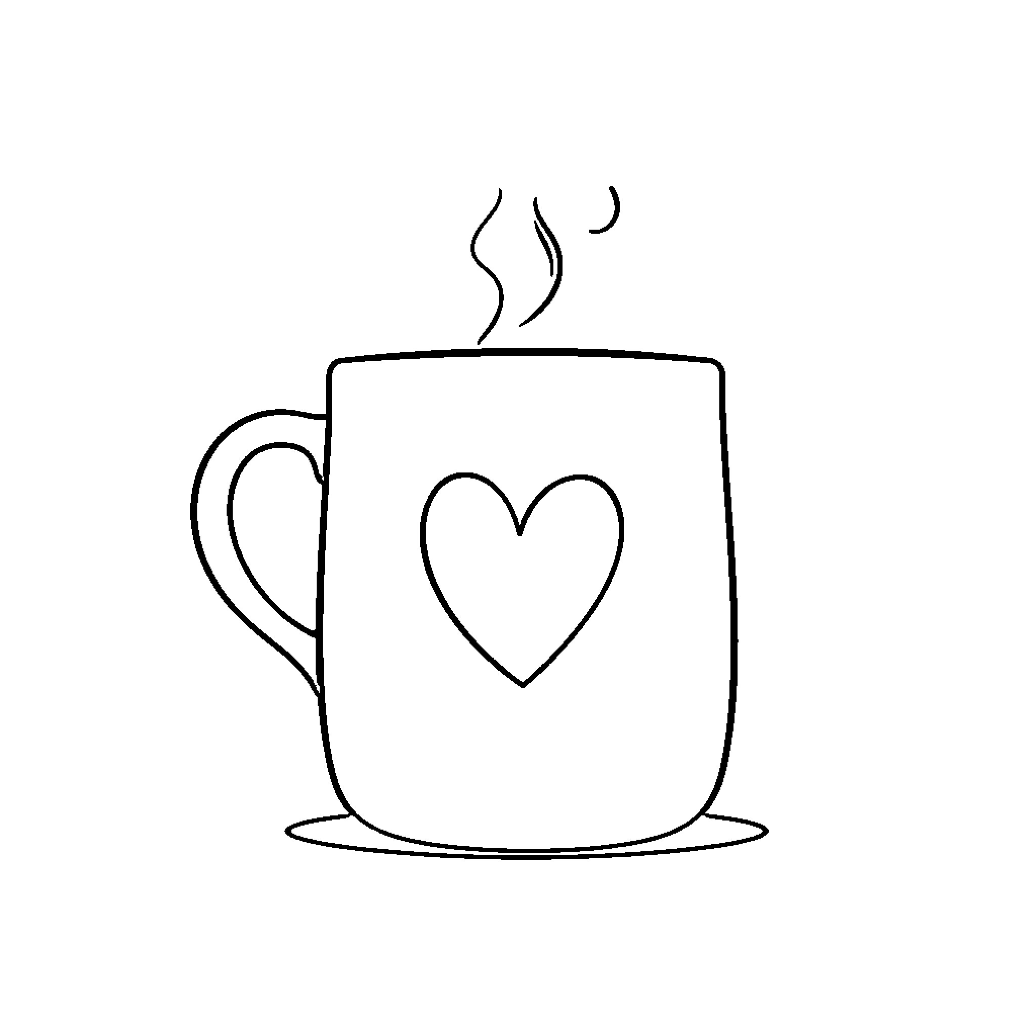 Coffee Mug with Heart Symbol Coloring Page (free black-and-white line drawing printable PDF for all, from beginners to advanced learners, including children, teens, adults, and seniors)