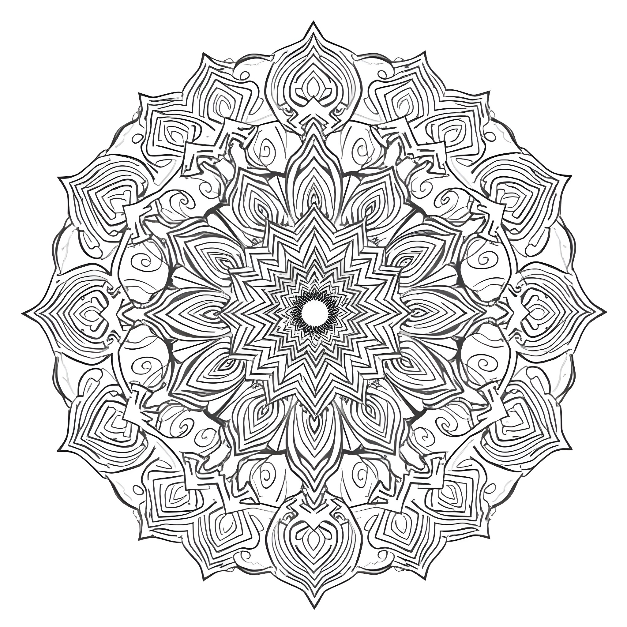 Mandala with intricate abstract patterns and geometric shapes Coloring Page (free black-and-white line drawing printable PDF for all, from beginners to advanced learners, including children, teens, adults, and seniors)