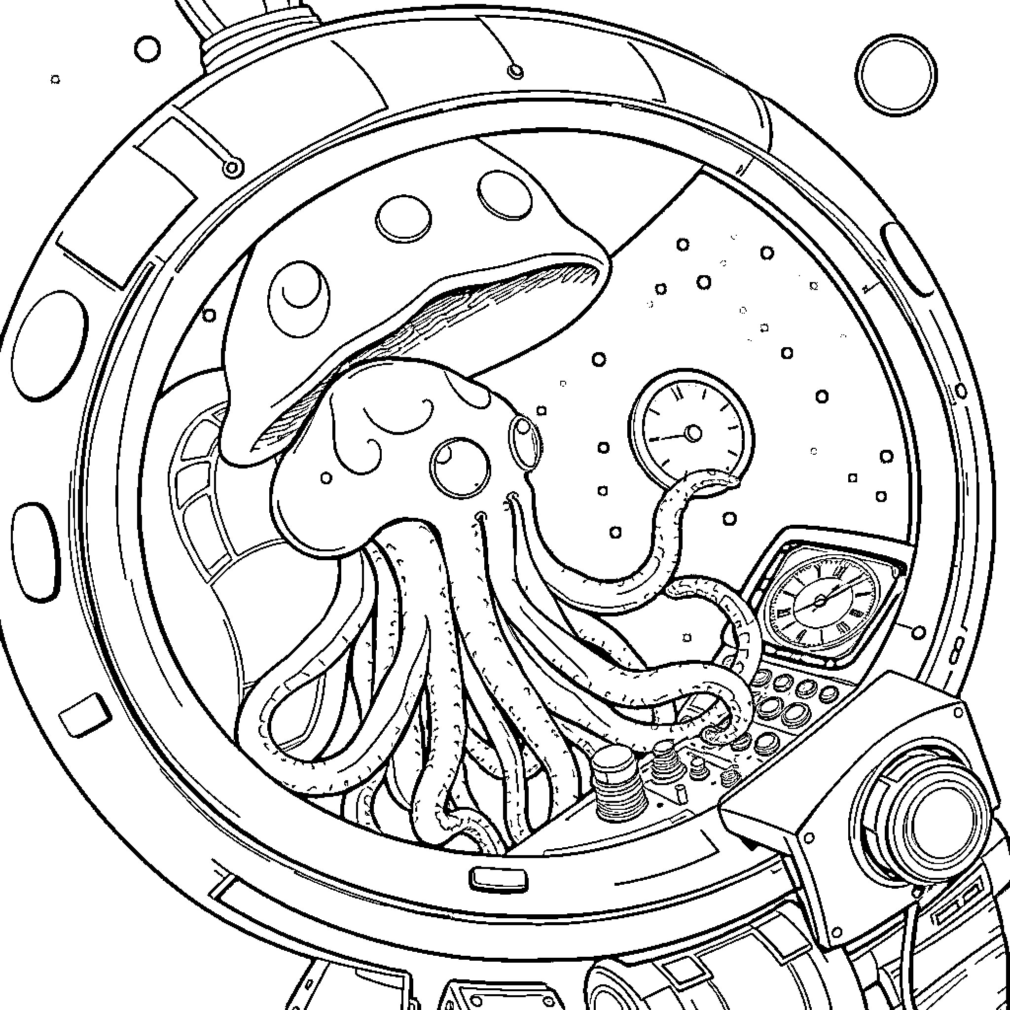 Jellyfish swimming in a mechanical underwater scene Coloring Page (free black-and-white line drawing printable PDF for all, from beginners to advanced learners, including children, teens, adults, and seniors)