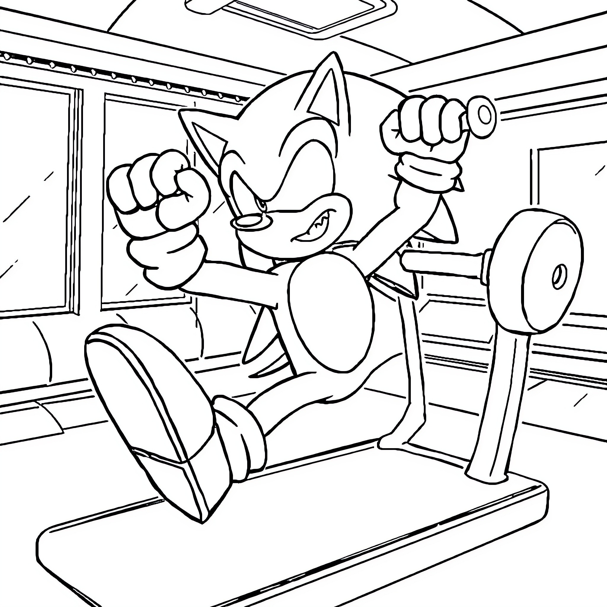 Sonic's Energetic Workout Session Coloring Page (free black-and-white line drawing printable PDF for all, from beginners to advanced learners, including children, teens, adults, and seniors)