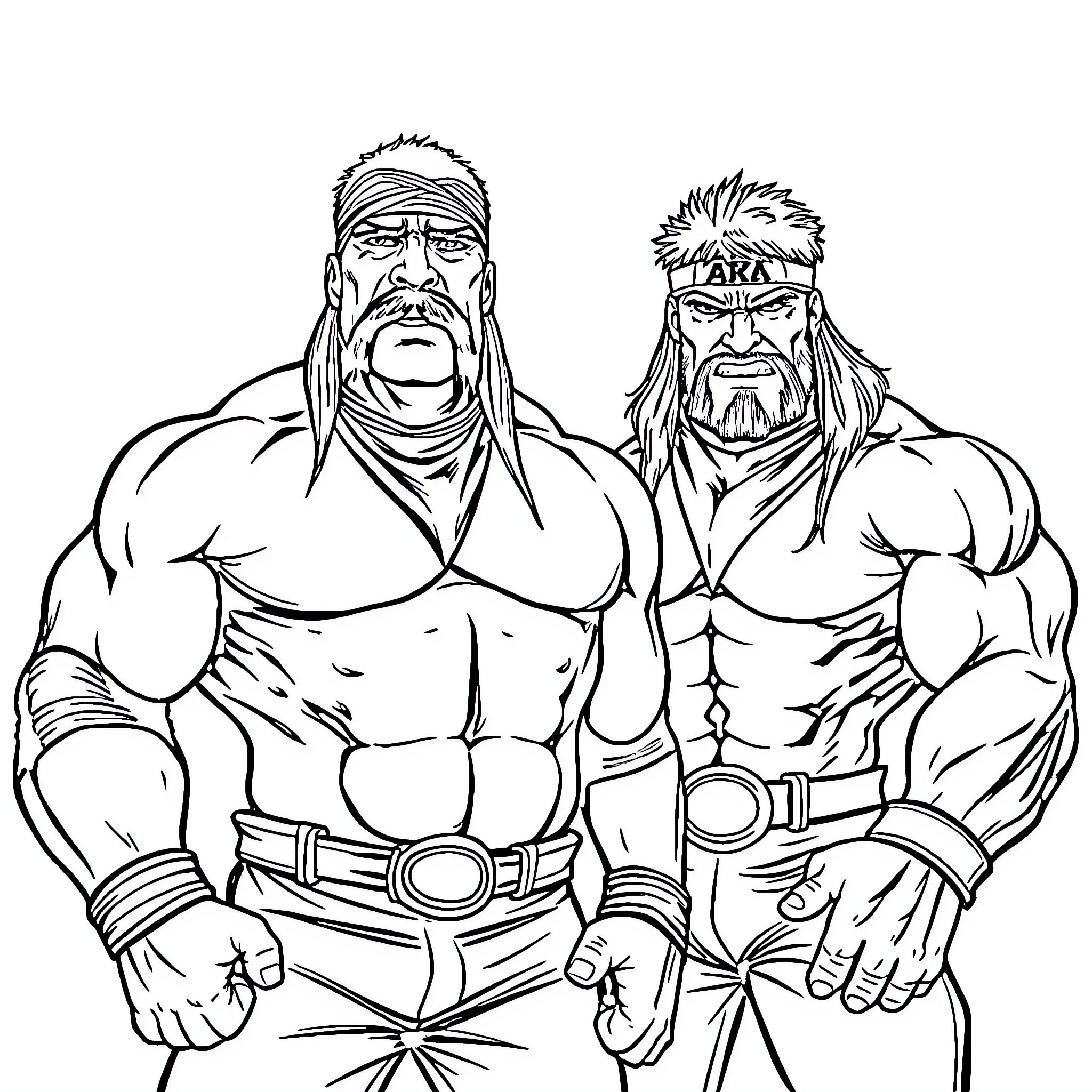 Hulk and Powerful Wrestler Duo Posing Together Coloring Page (free black-and-white line drawing printable PDF for all, from beginners to advanced learners, including children, teens, adults, and seniors)