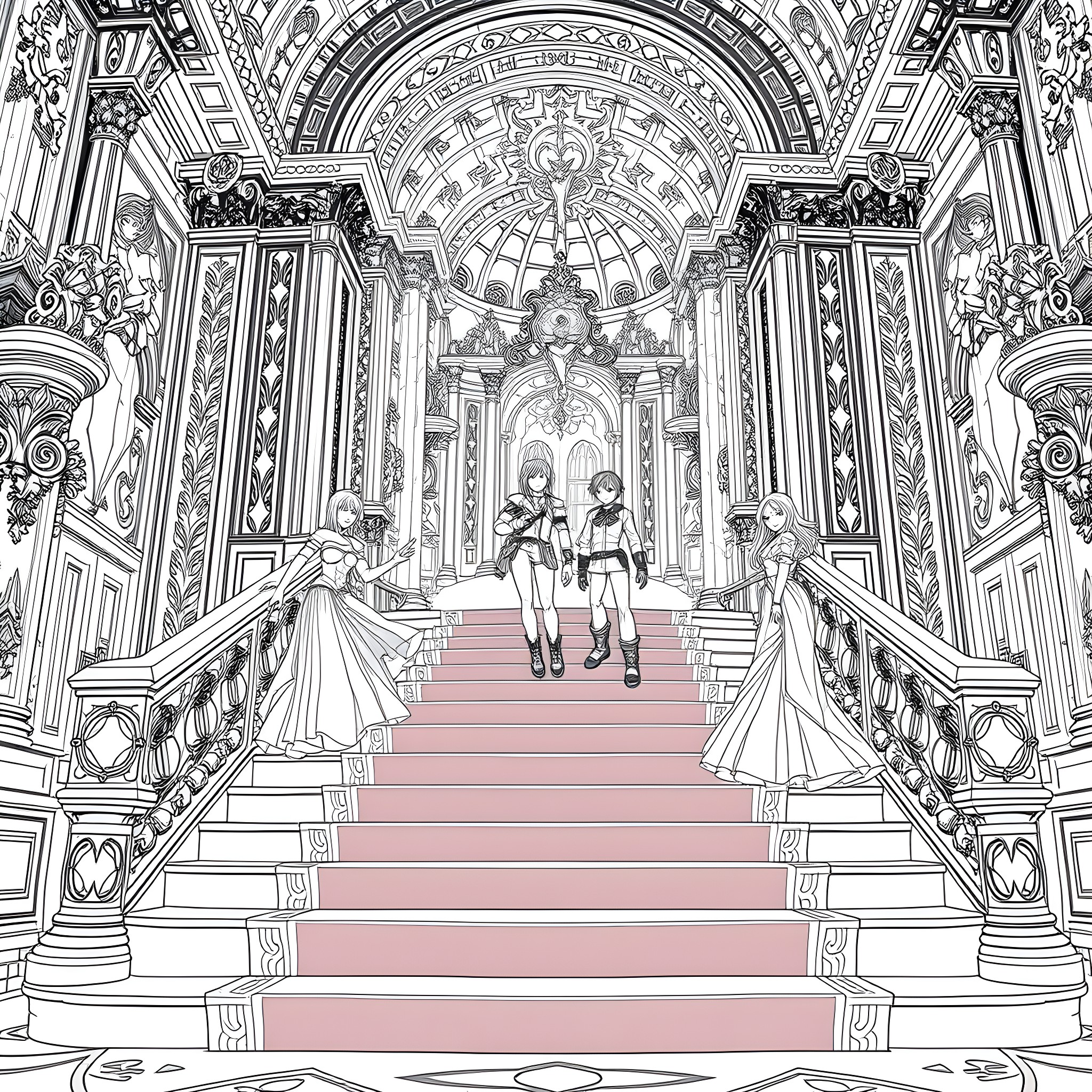 Final Fantasy Characters in Grand Staircase Adventure Coloring Page (free black-and-white line drawing printable PDF for all, from beginners to advanced learners, including children, teens, adults, and seniors)