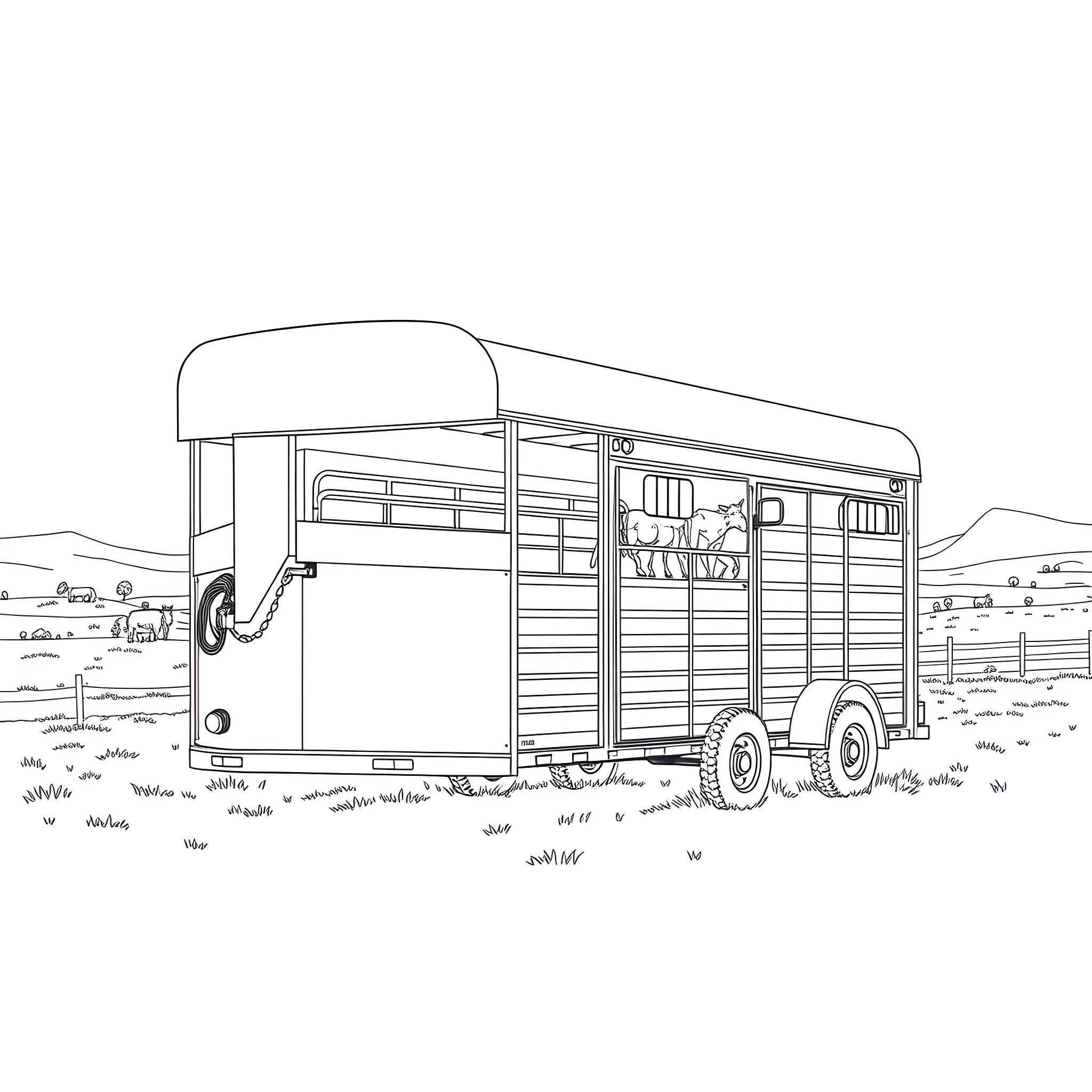 Gooseneck Trailer Transporting Farm Animals Coloring Page (free black-and-white line drawing printable PDF for all, from beginners to advanced learners, including children, teens, adults, and seniors)