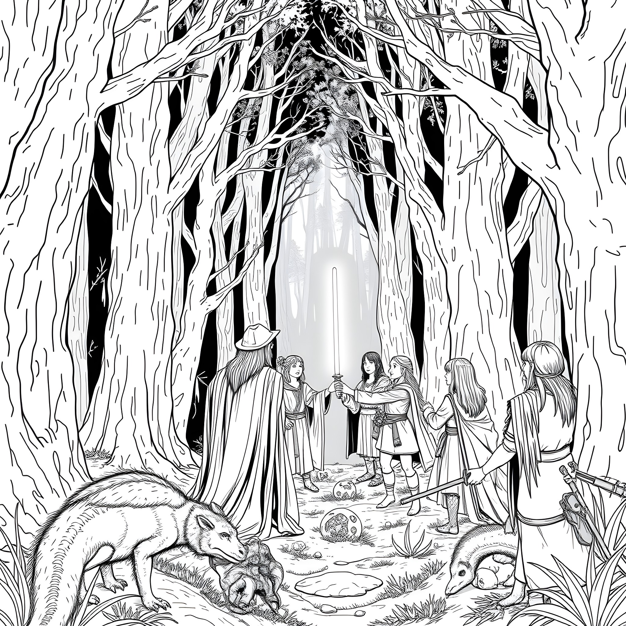 Lord of the Rings Characters in Mysterious Forest Setting Coloring Page (free black-and-white line drawing printable PDF for all, from beginners to advanced learners, including children, teens, adults, and seniors)