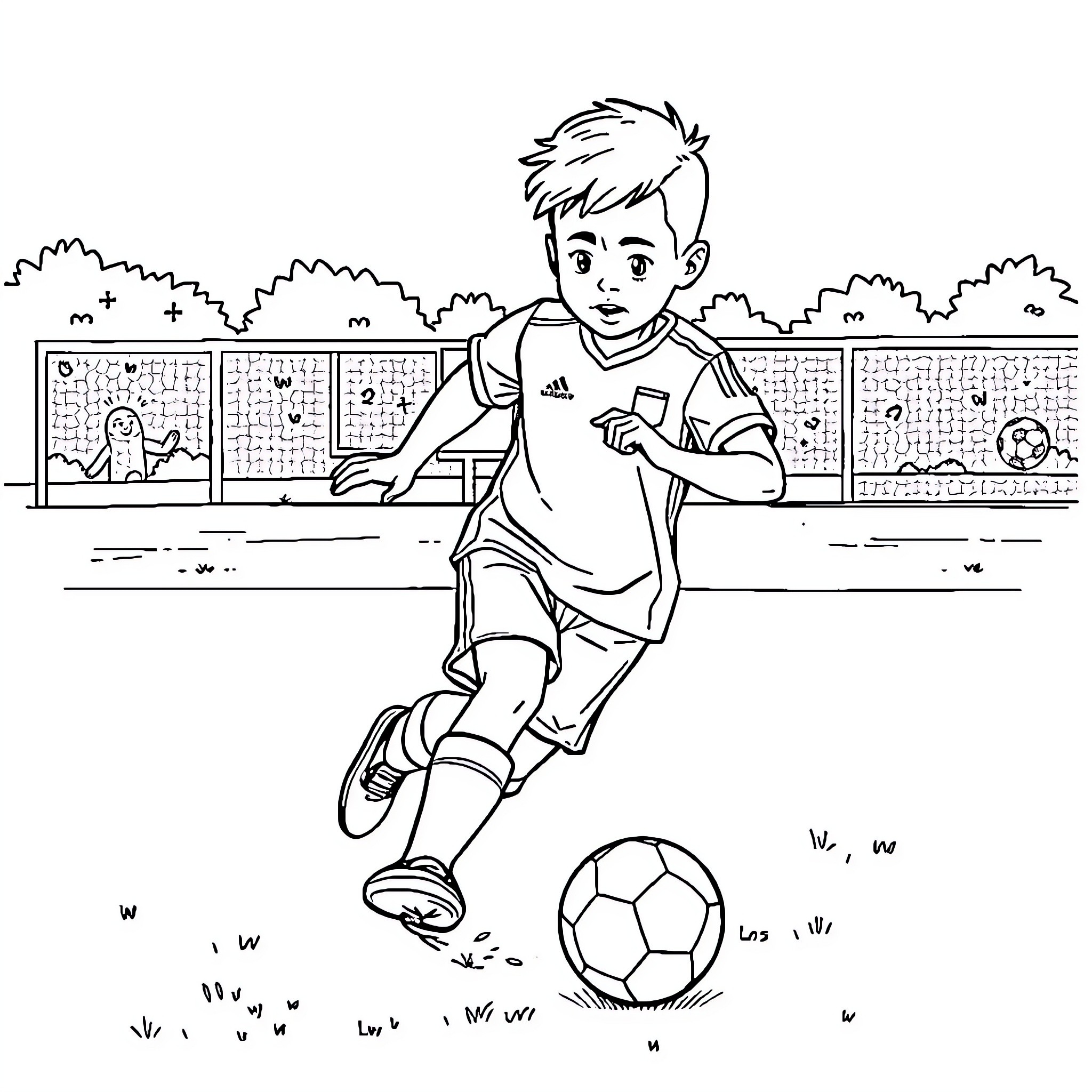 Maillon playing joyfully with soccer ball on field Coloring Page (free black-and-white line drawing printable PDF for all, from beginners to advanced learners, including children, teens, adults, and seniors)