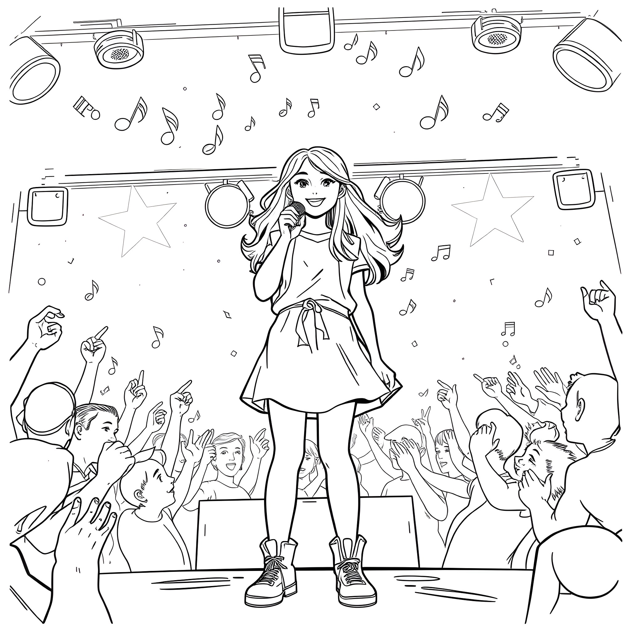 Teen Girl Singing on Stage with Cheering Crowd Coloring Page (free black-and-white line drawing printable PDF for all, from beginners to advanced learners, including children, teens, adults, and seniors)