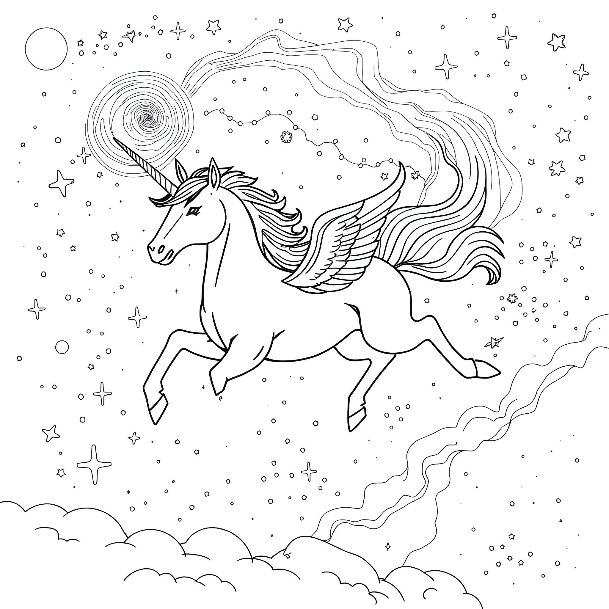 Unicorn Soaring Through the Starry Night Sky Coloring Page (free black-and-white line drawing printable PDF for all, from beginners to advanced learners, including children, teens, adults, and seniors)