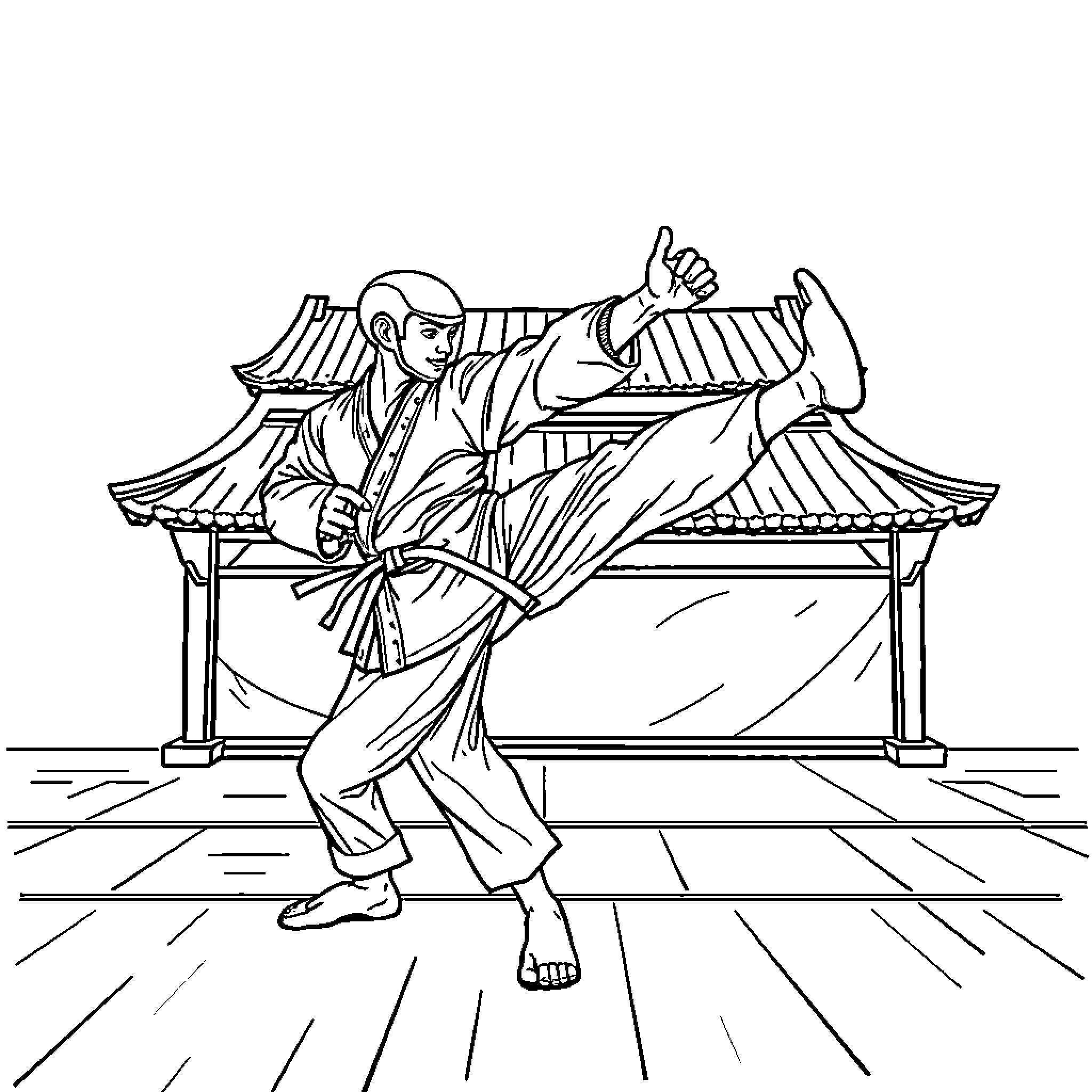 Sangoku performing a powerful martial arts kick Coloring Page (free black-and-white line drawing printable PDF for all, from beginners to advanced learners, including children, teens, adults, and seniors)