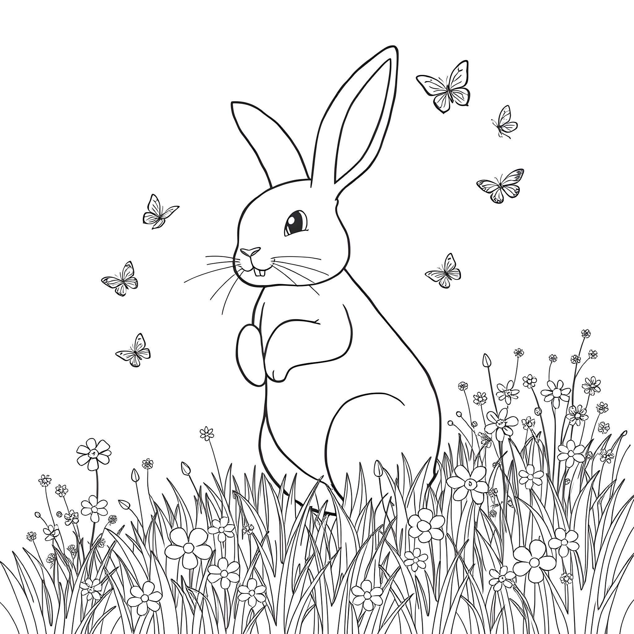 Rabbit surrounded by butterflies in a flowery meadow Coloring Page (free black-and-white line drawing printable PDF for all, from beginners to advanced learners, including children, teens, adults, and seniors)
