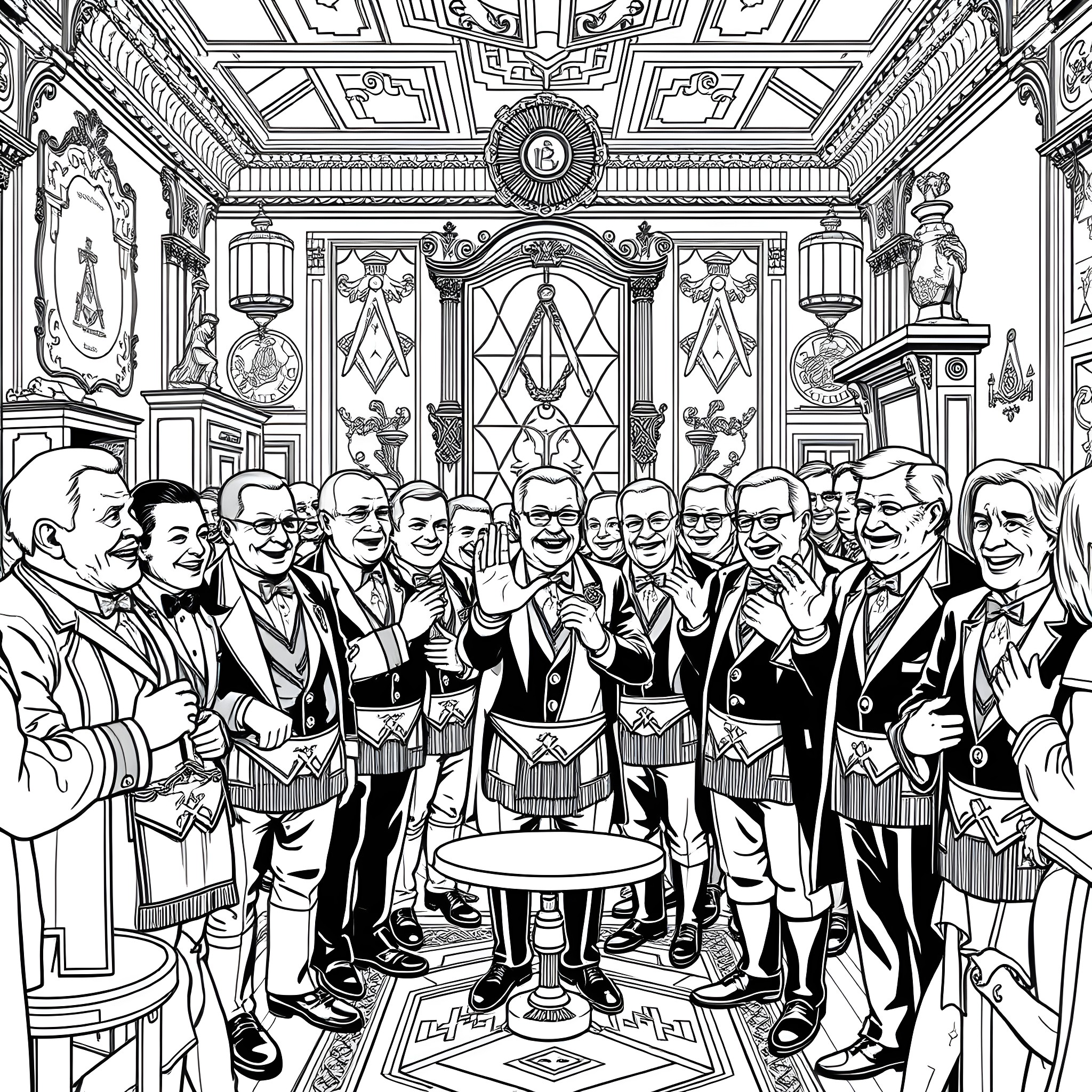 Freemason Gathering in an Ornate Masonic Temple Coloring Page (free black-and-white line drawing printable PDF for all, from beginners to advanced learners, including children, teens, adults, and seniors)