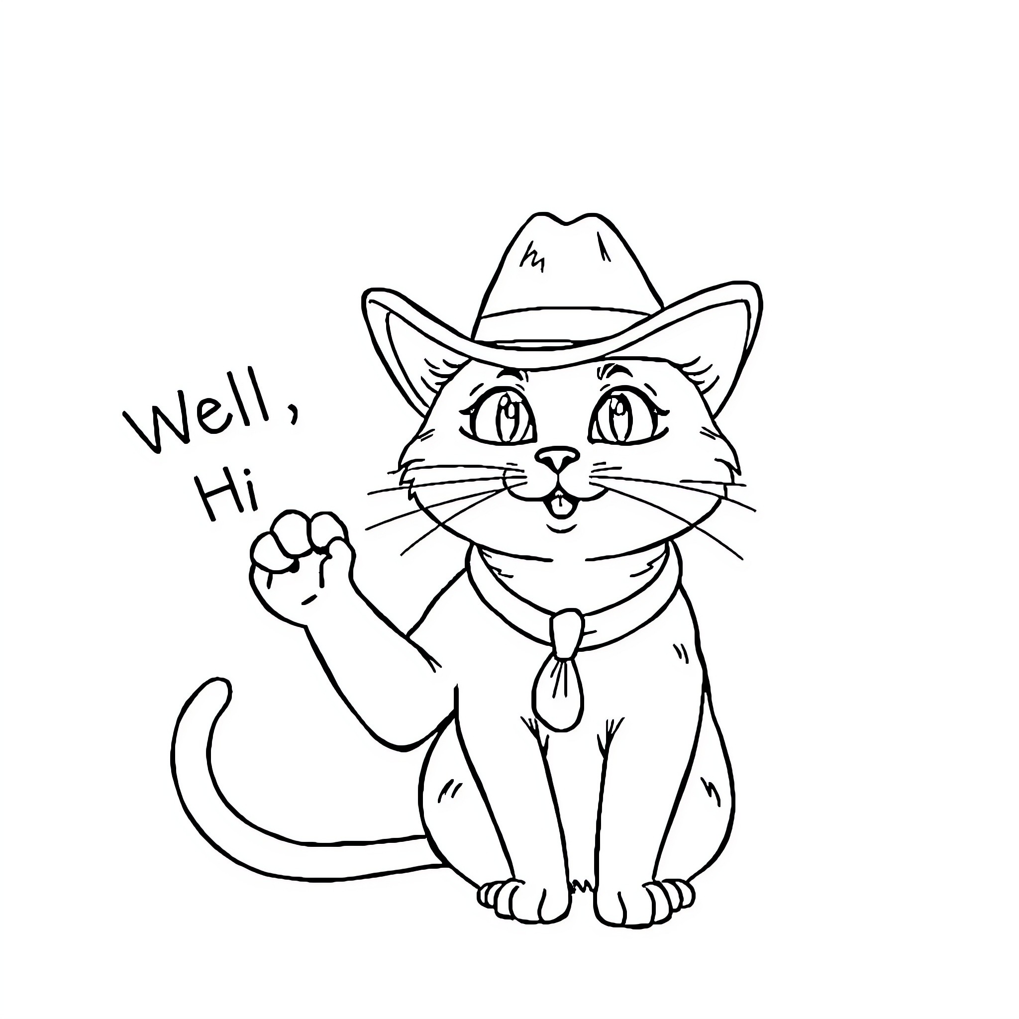 Cat wearing cowboy hat greeting Coloring Page (free black-and-white line drawing printable PDF for all, from beginners to advanced learners, including children, teens, adults, and seniors)