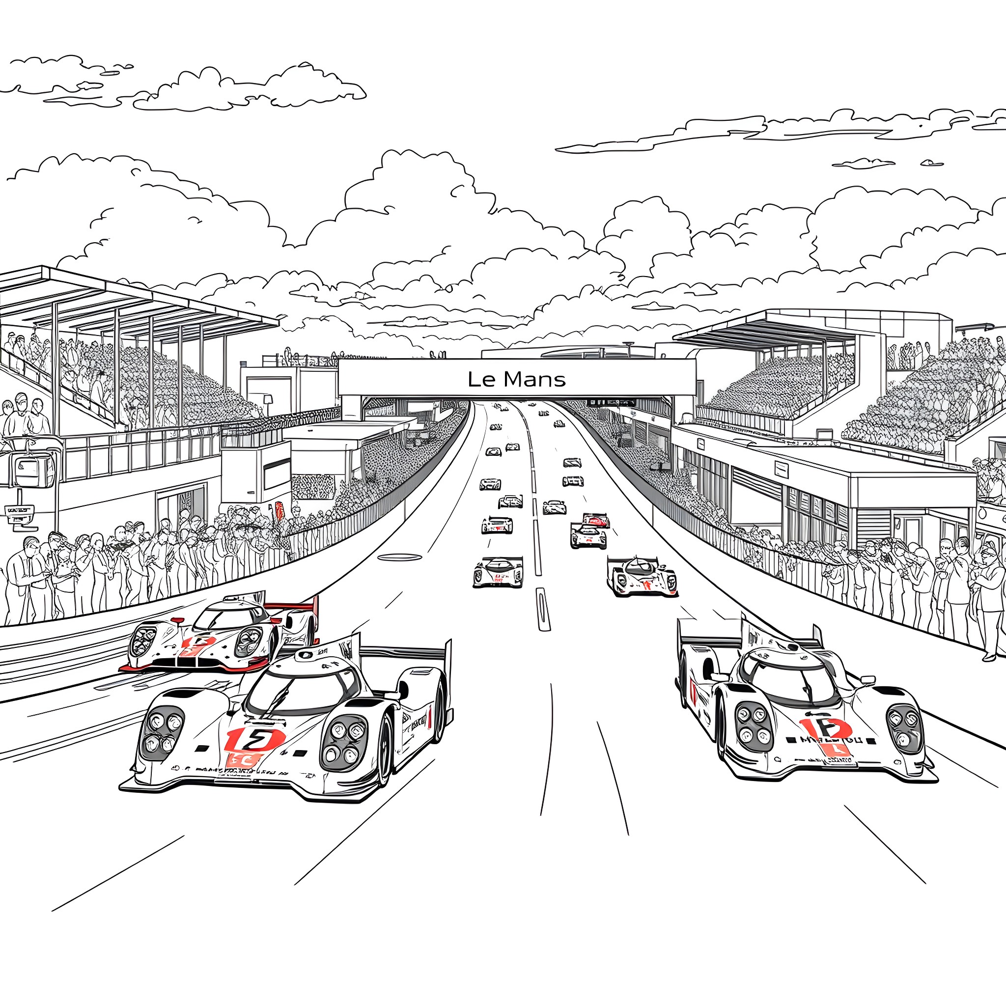 Le Mans Racing Cars Speeding on the Track Coloring Page (free black-and-white line drawing printable PDF for all, from beginners to advanced learners, including children, teens, adults, and seniors)