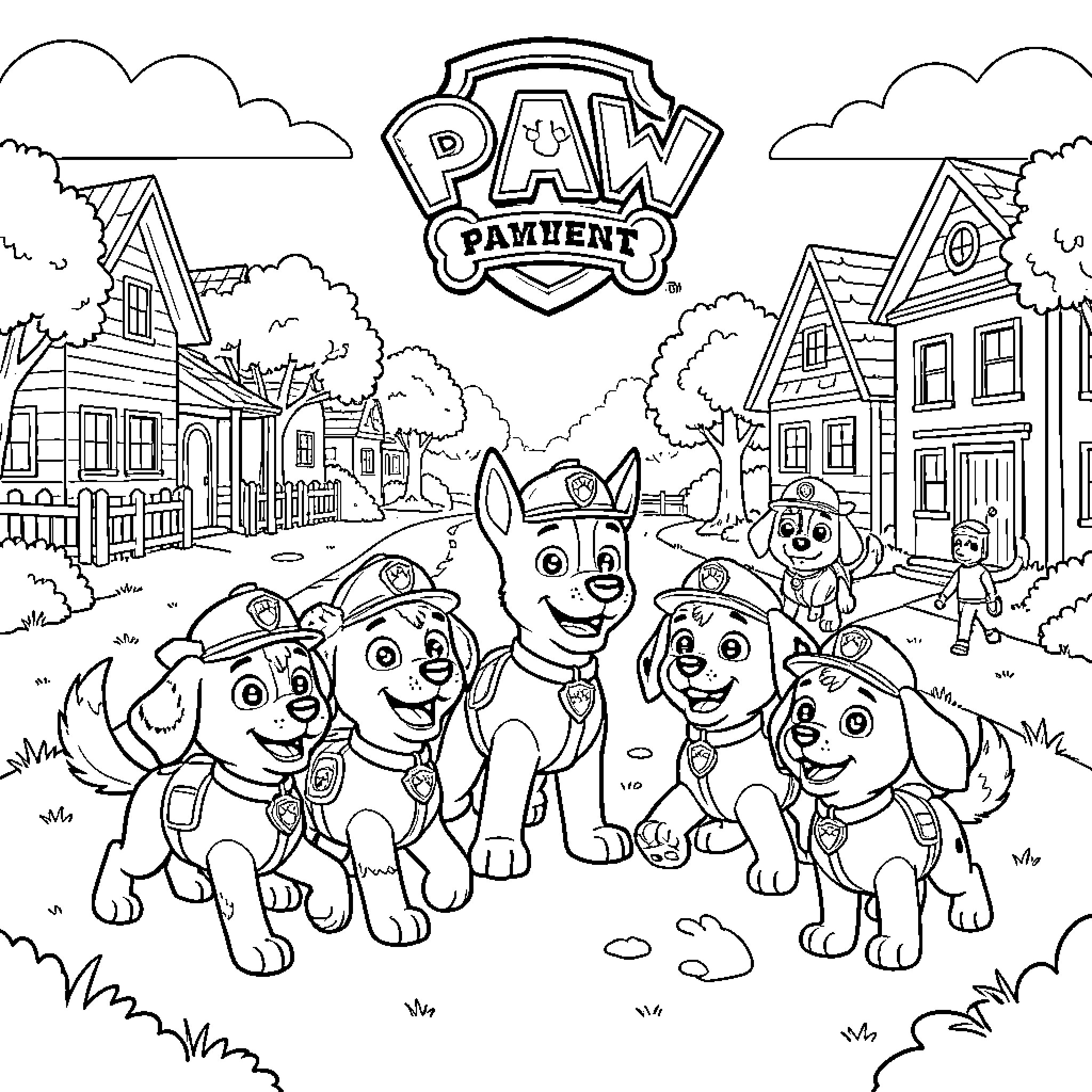 Paw Patrol pups smiling together in their neighborhood Coloring Page (free black-and-white line drawing printable PDF for all, from beginners to advanced learners, including children, teens, adults, and seniors)