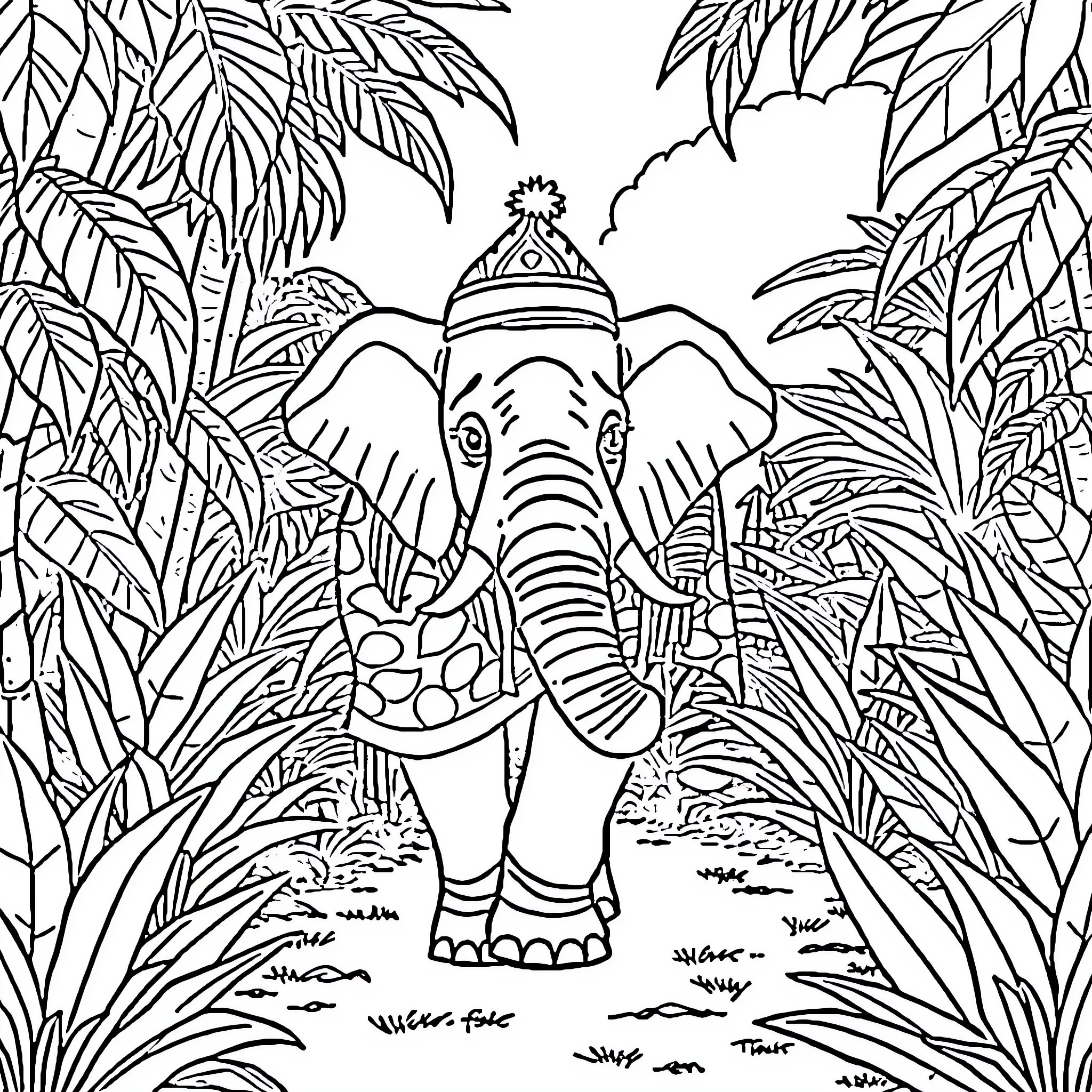 Elephant in a Lush Jungle Landscape Coloring Page (free black-and-white line drawing printable PDF for all, from beginners to advanced learners, including children, teens, adults, and seniors)